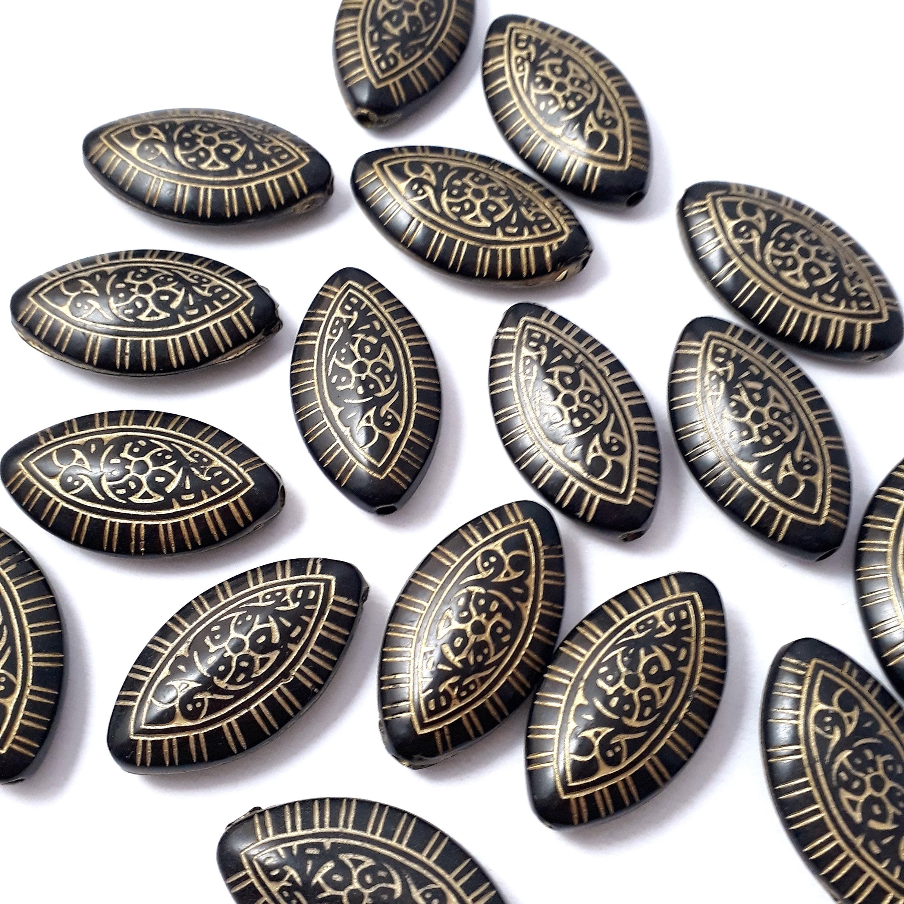Black & Gold Tribal Acrylic Flat Oval 30x17mm - 6pcs