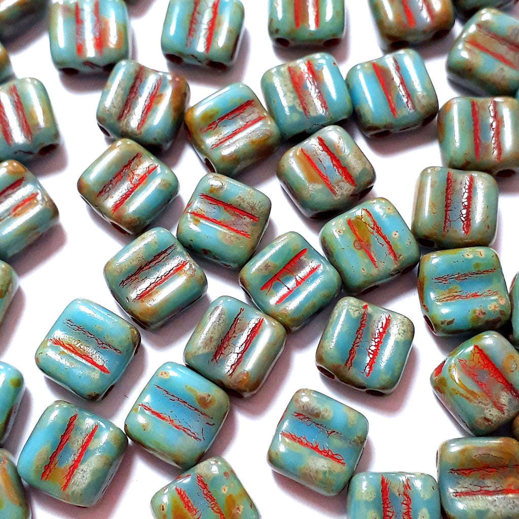 2-Hole Turquoise & Red Picasso Square Czech Glass 6mm - 20pcs