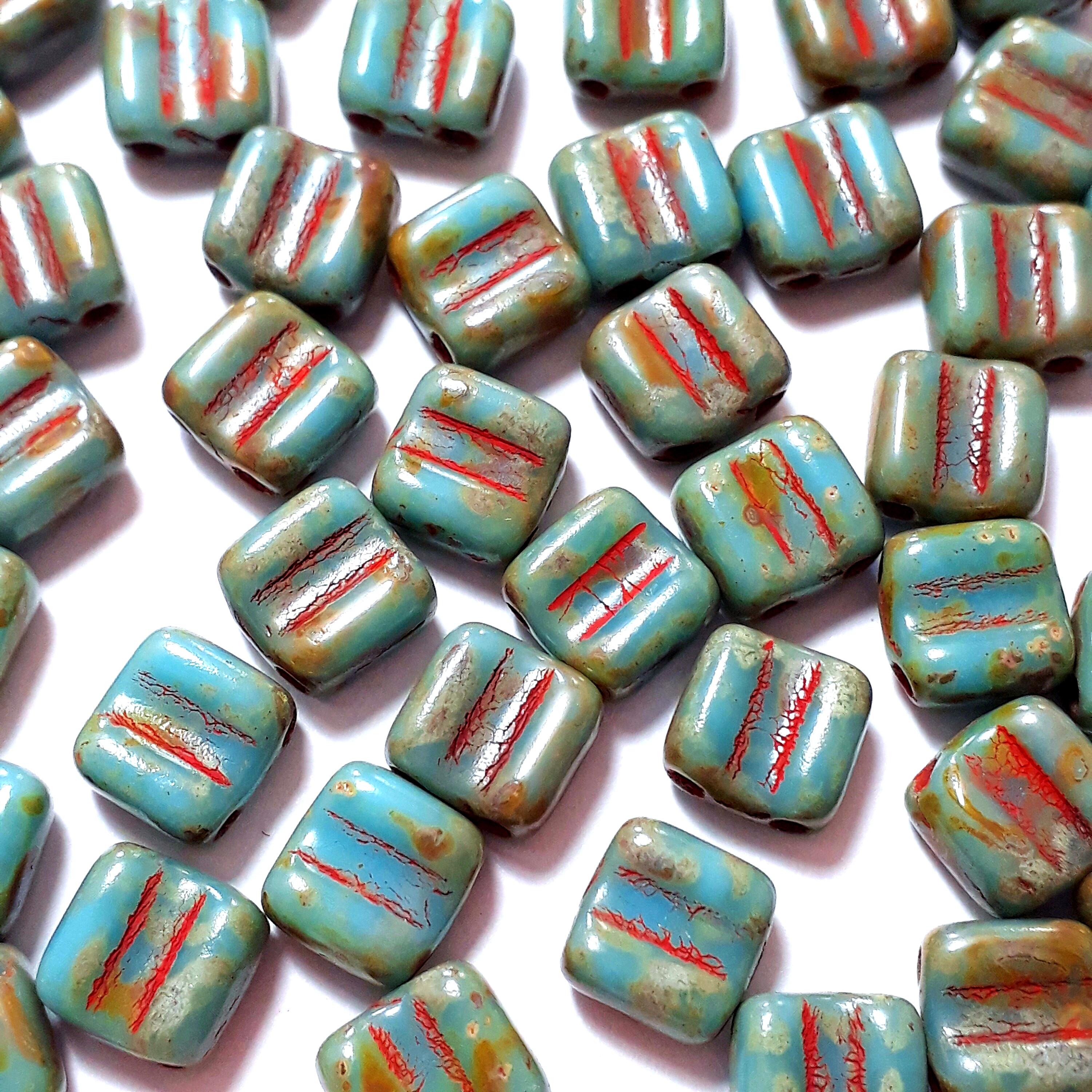 2-Hole Turquoise & Red Picasso Square Czech Glass 6mm - 20pcs