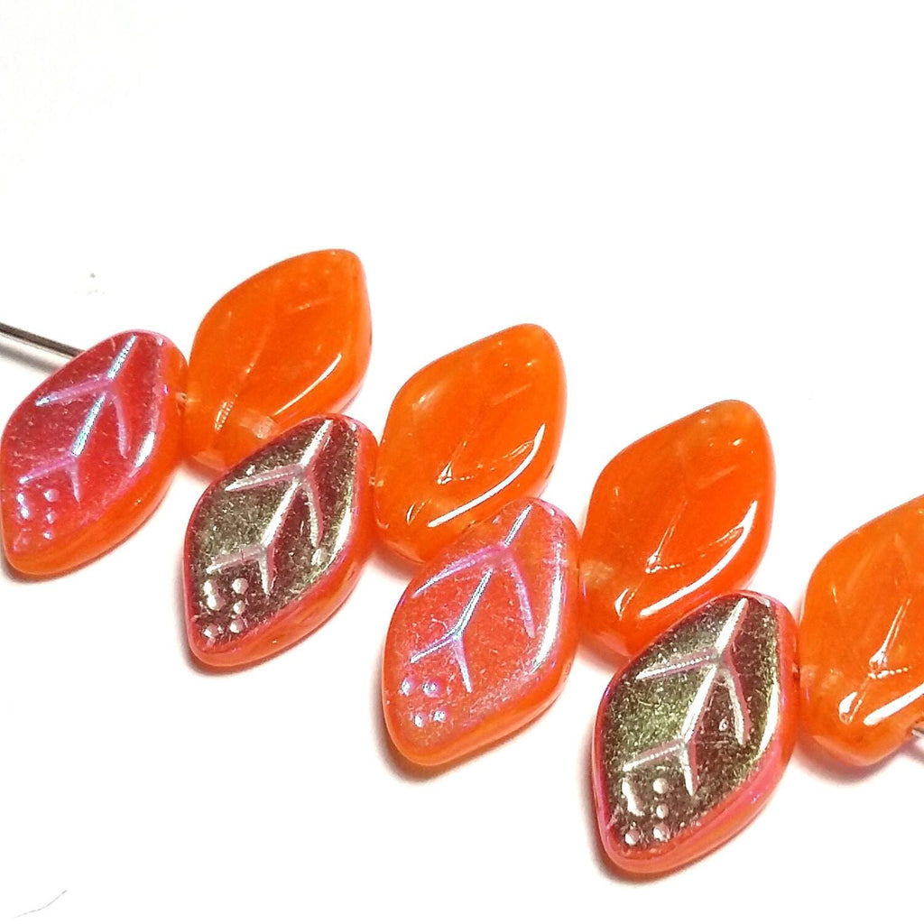 Bright Orange & Metallic Czech Glass Leaf 12x7mm - 20pcs