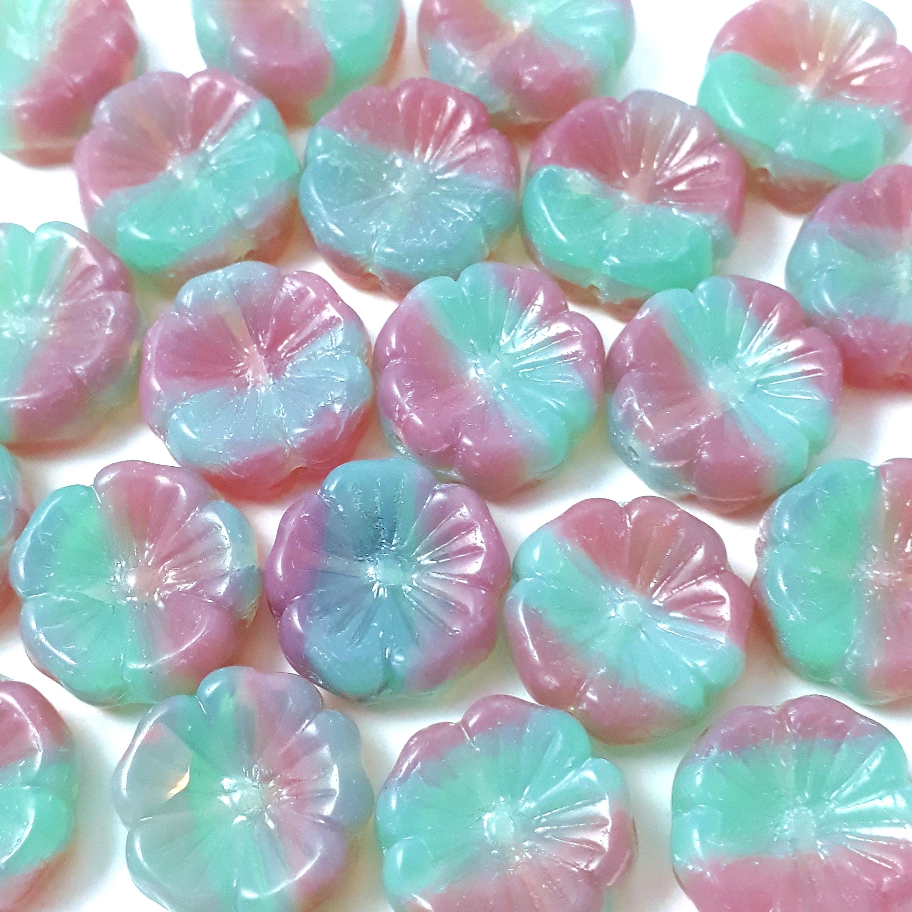 Turquoise & Pink Hawaiian Flower Czech Glass 14mm - 6pcs