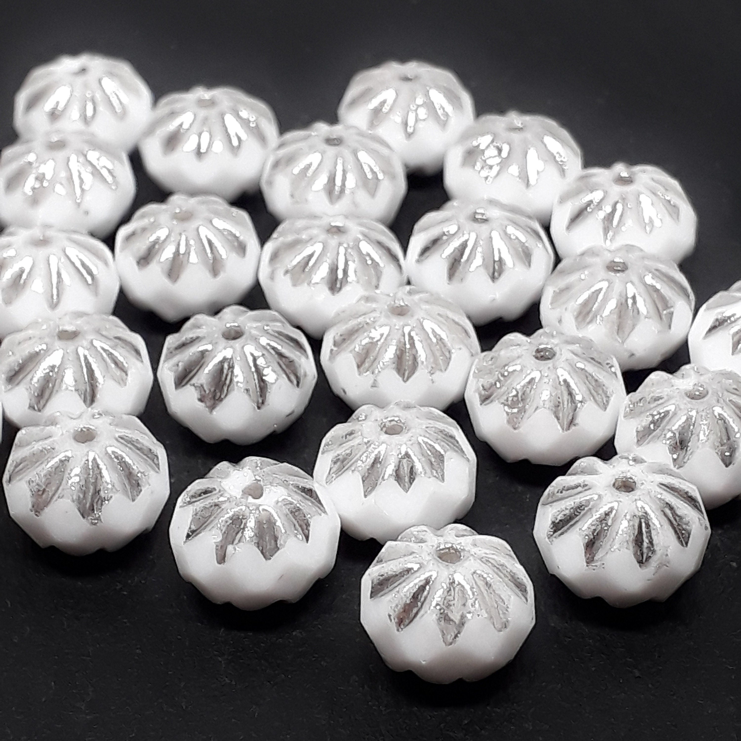 White & Silver Cathedral Czech Glass Faceted Rondelle 10x7mm - 6pcs