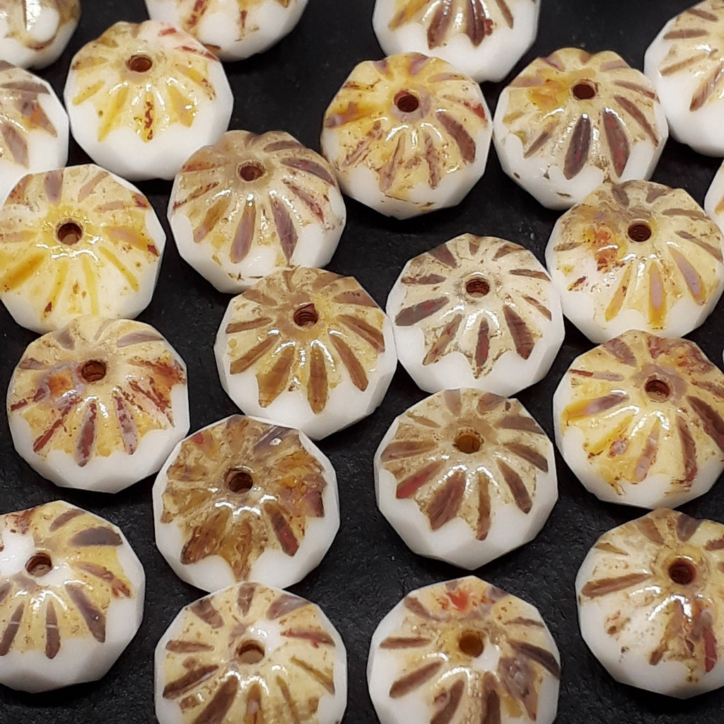 White & Brown Czech Glass Rondelles 10x7mm - 6pcs