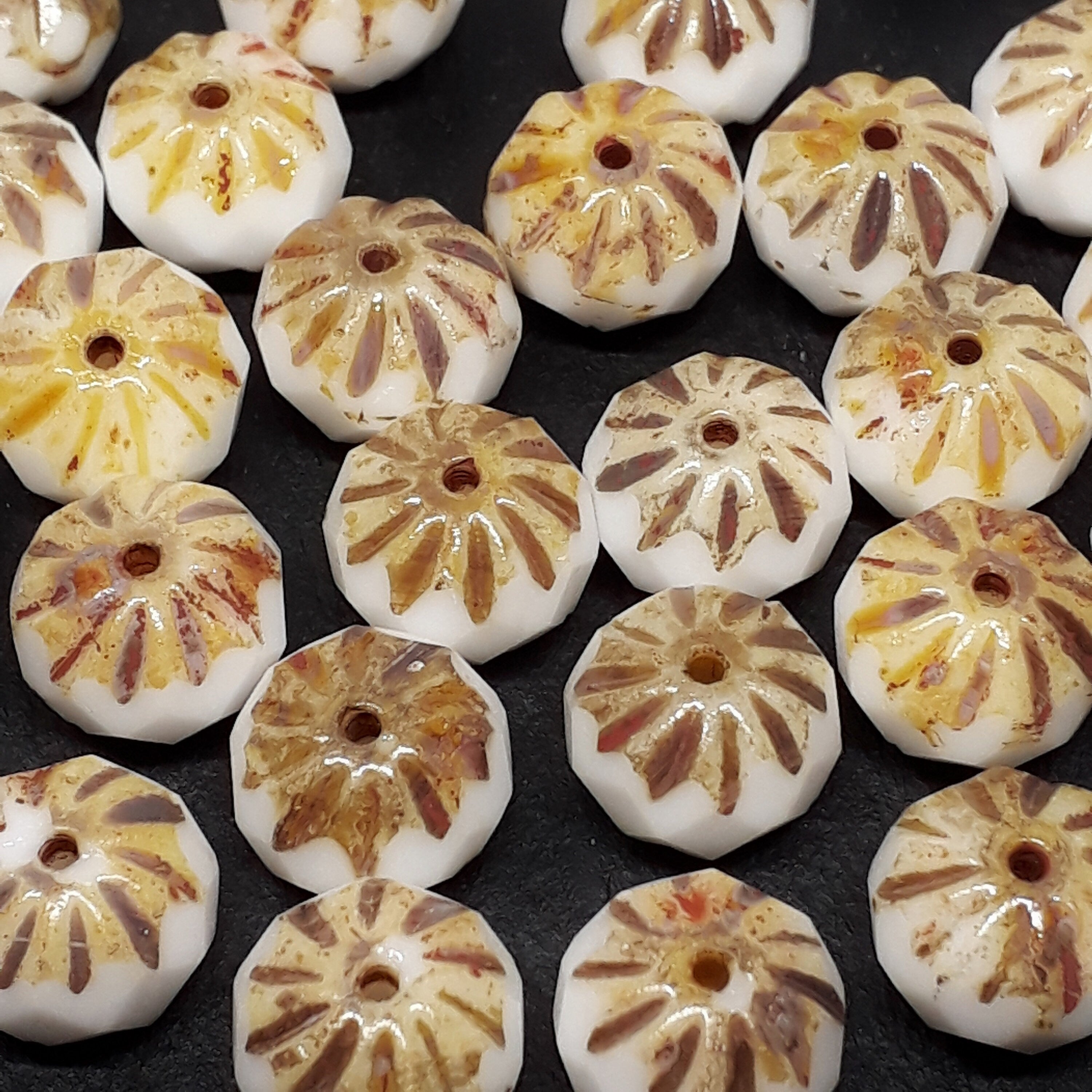 White & Brown Czech Glass Rondelles 10x7mm - 6pcs