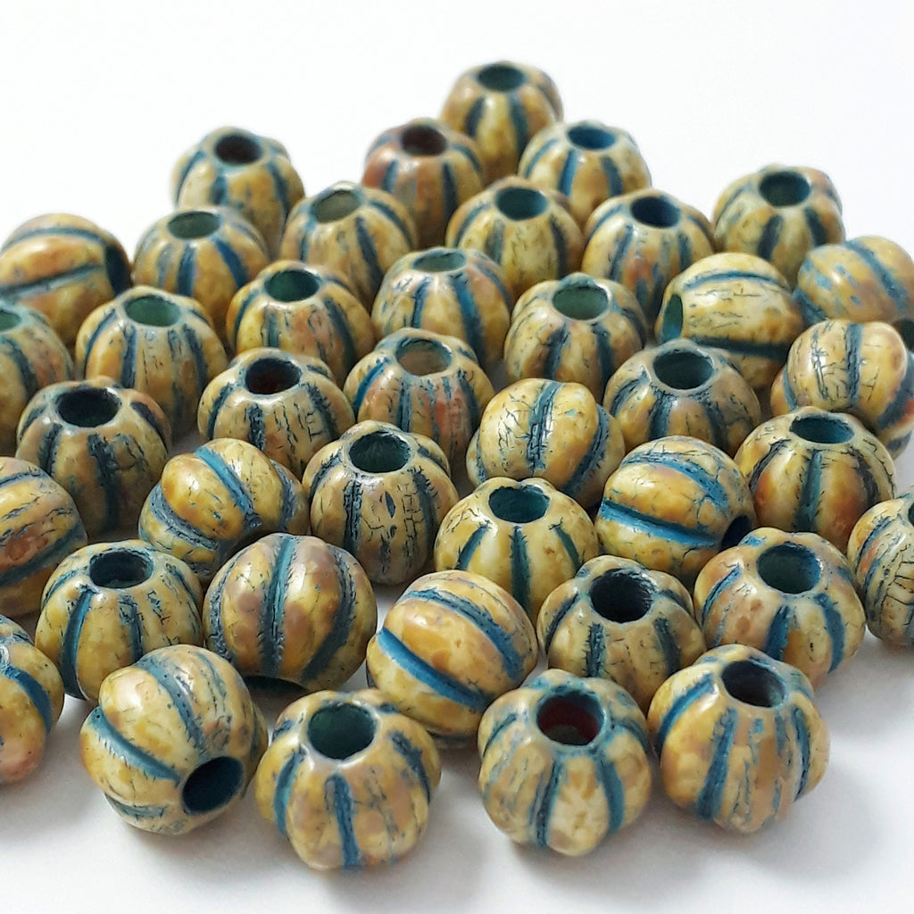 Beige & Blue Striped Picasso Fluted Czech Glass 8x7mm - 20pcs