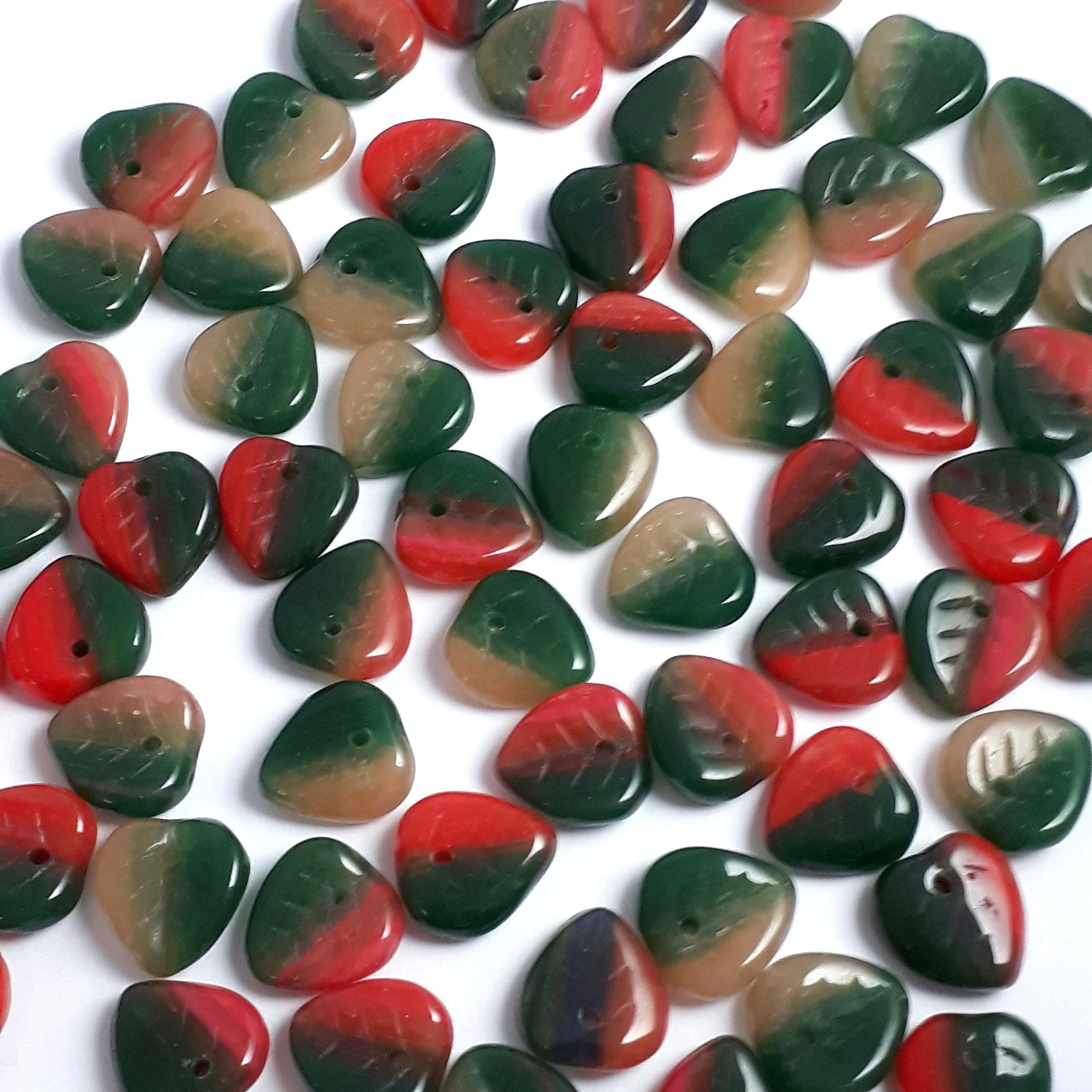 Dark Green, Red & Beige Czech Glass Leaf 9mm - 30pcs