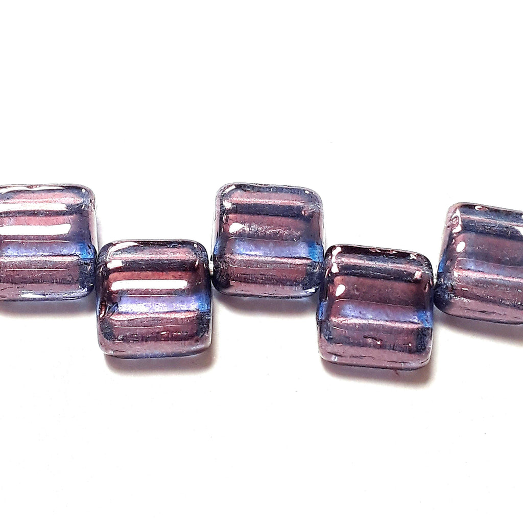 2-Hole Purple Lustre Czech Glass Square 6mm - 20pcs