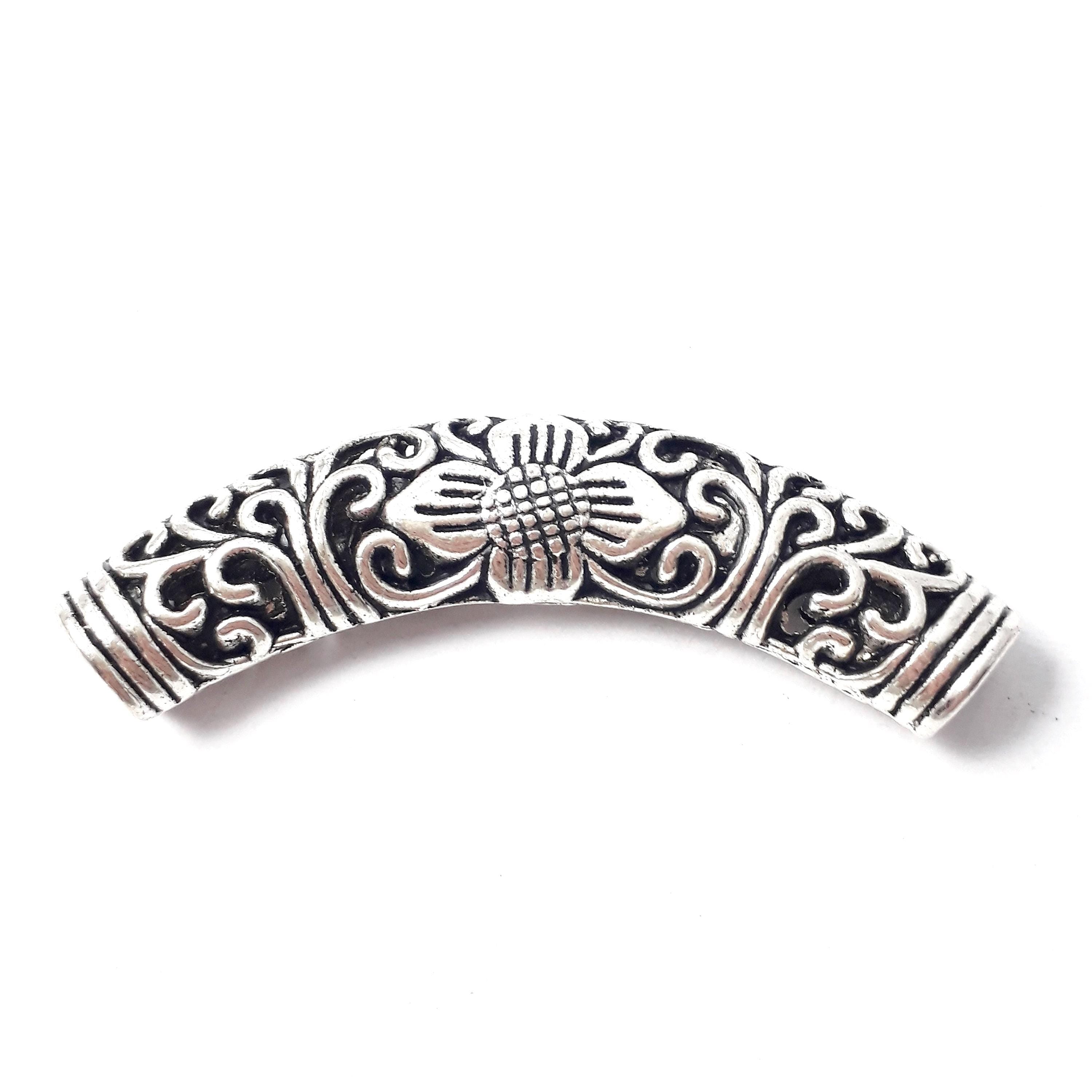 Curved Filigree Flower Tube Antique Silver 55x16mm - 1pc