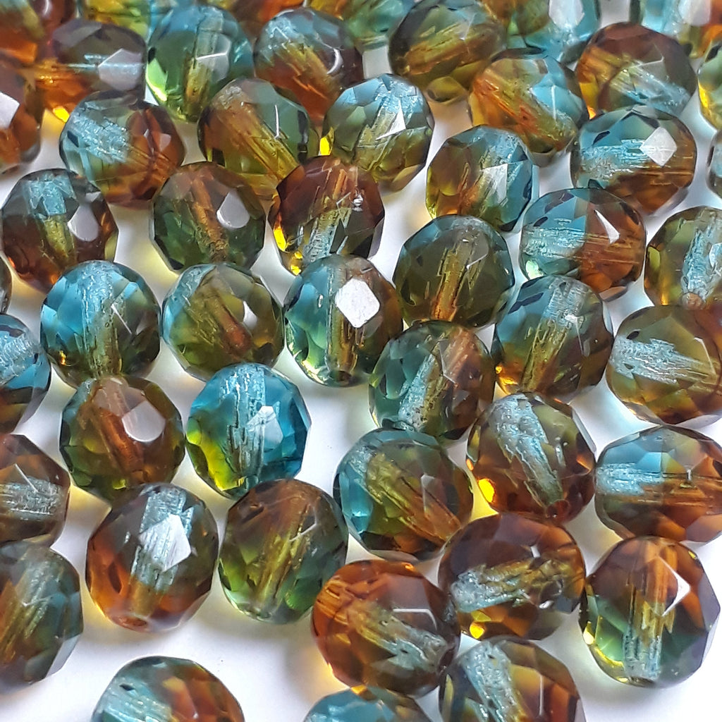 Green, Blue & Brown Faceted Czech Glass 8mm - 10pcs