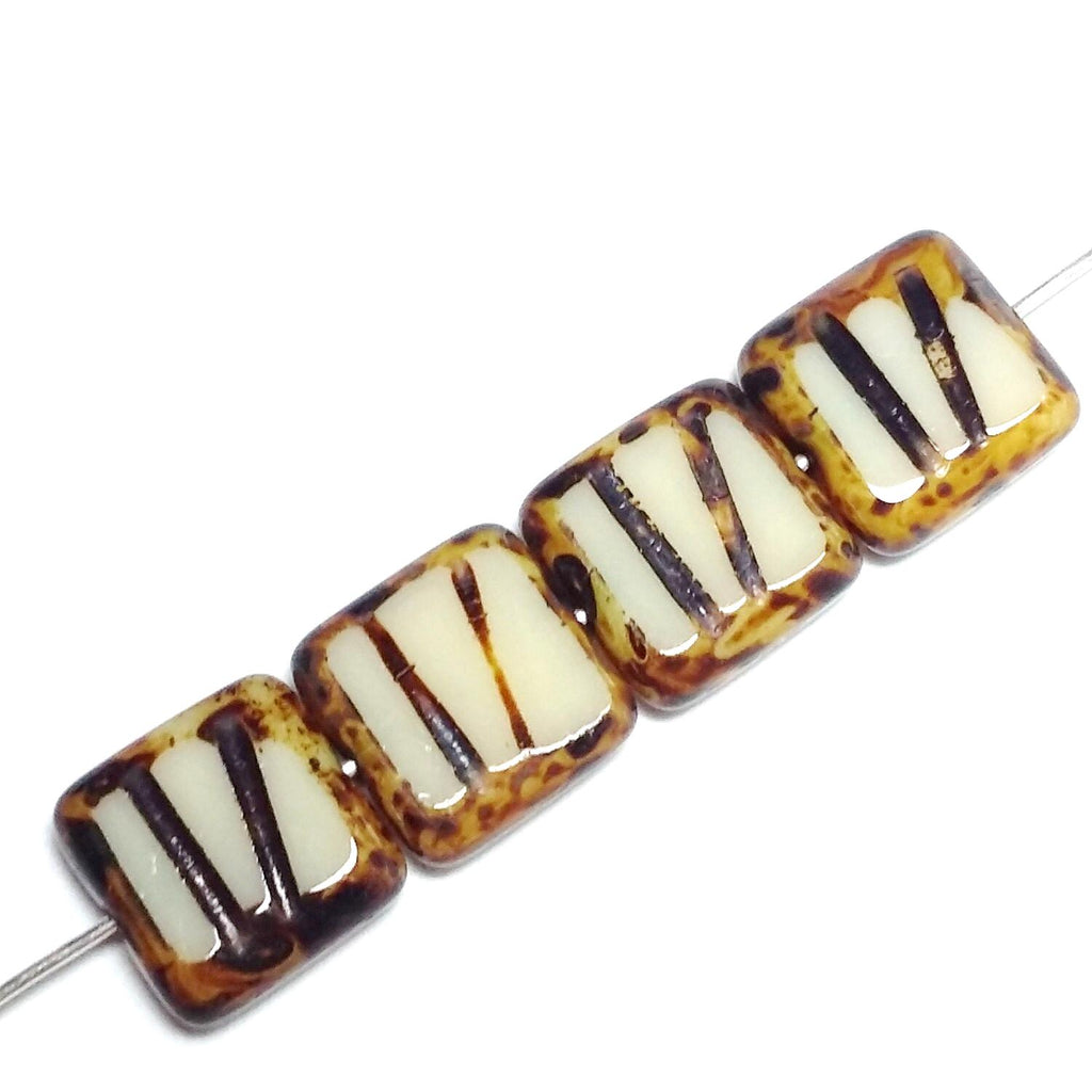 Table Cut Square Beige & Brown Czech Glass 10mm - 6pcs