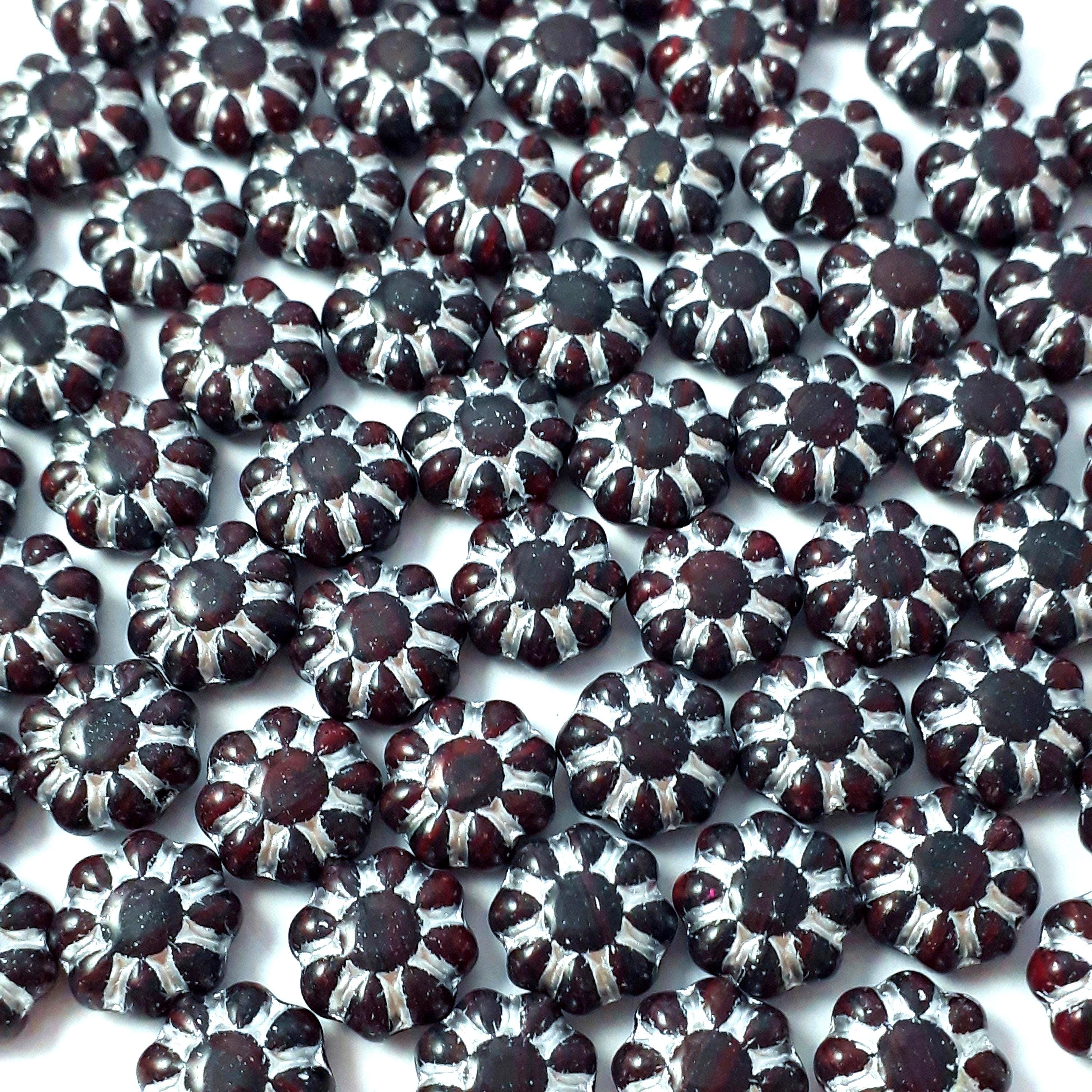 Black, Red & Silver Lined Czech Glass Hawaiian Flower 9mm - 10pcs