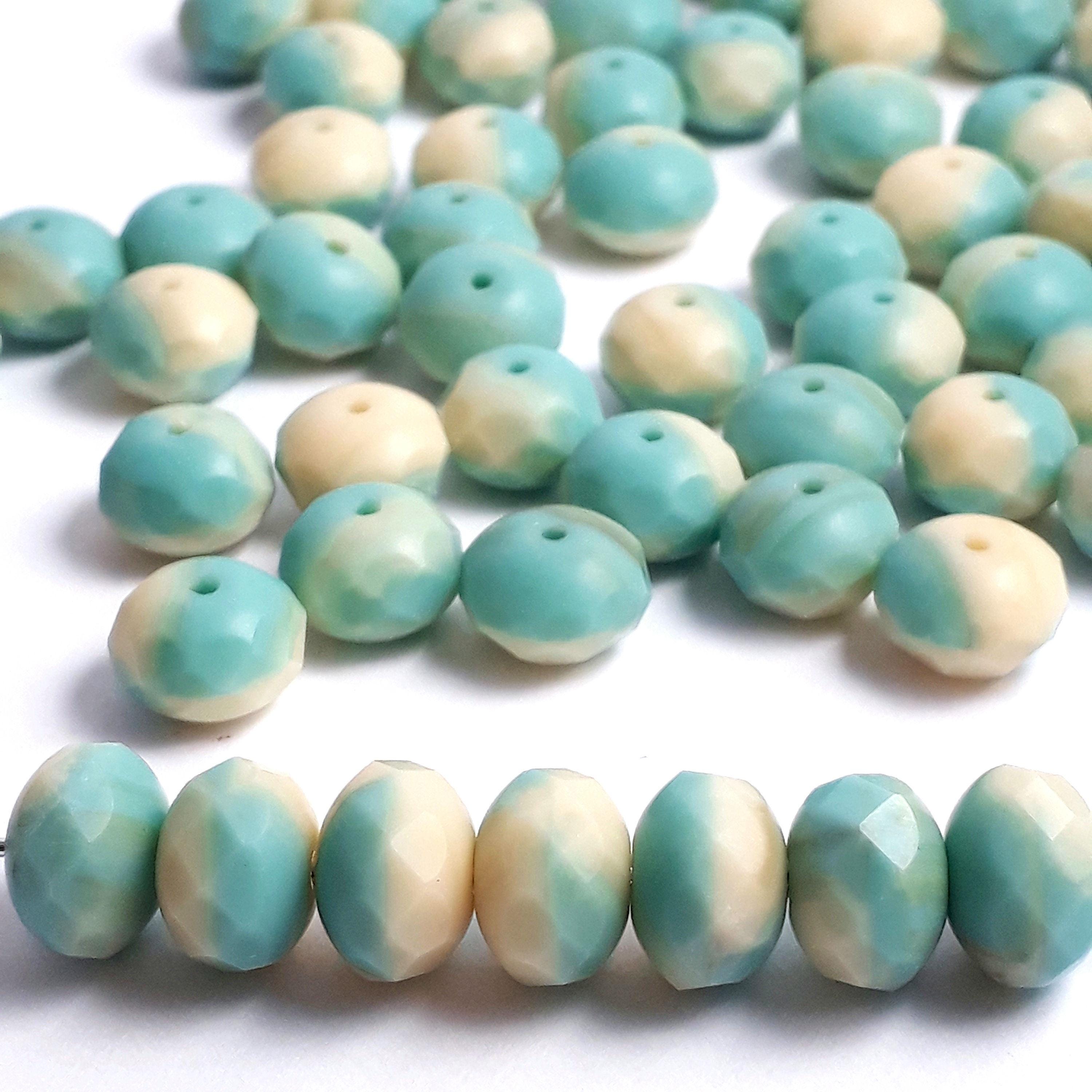 Matte Turquoise & Cream Czech Glass Rondelle 9x6mm - 10pcs