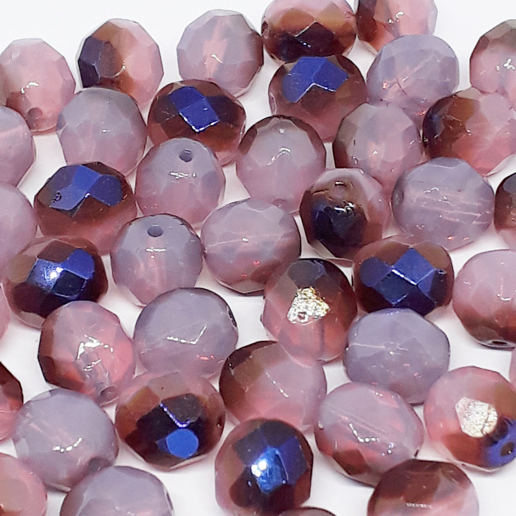 Pink, Metallic Blue & Brown Faceted Czech Glass Round 8x7mm - 10pcs