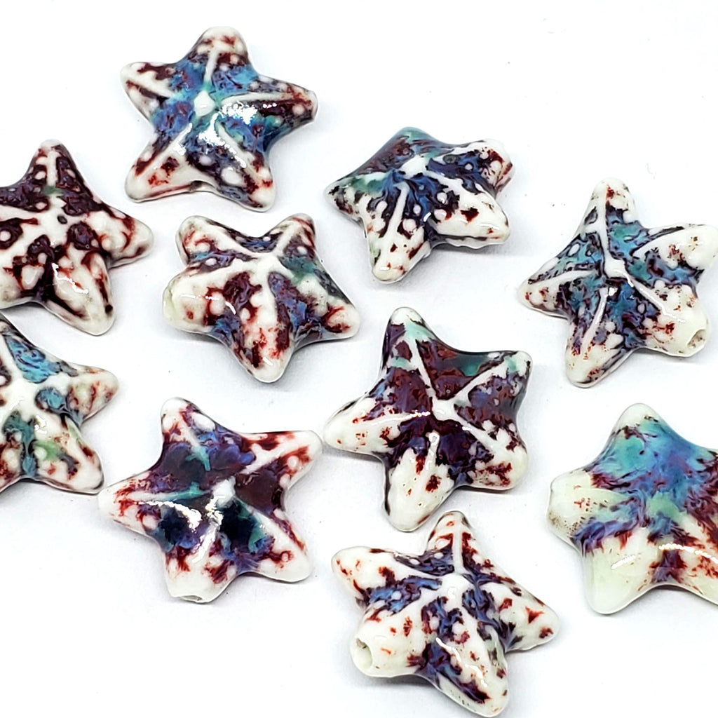 Starfish Glazed Ceramic White Multicolour 22mm - 2pcs