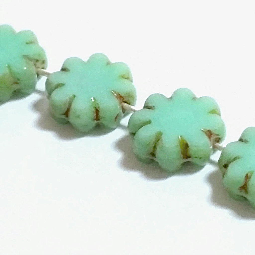 Green Flower Table Cut Czech Glass 9mm - 6pcs