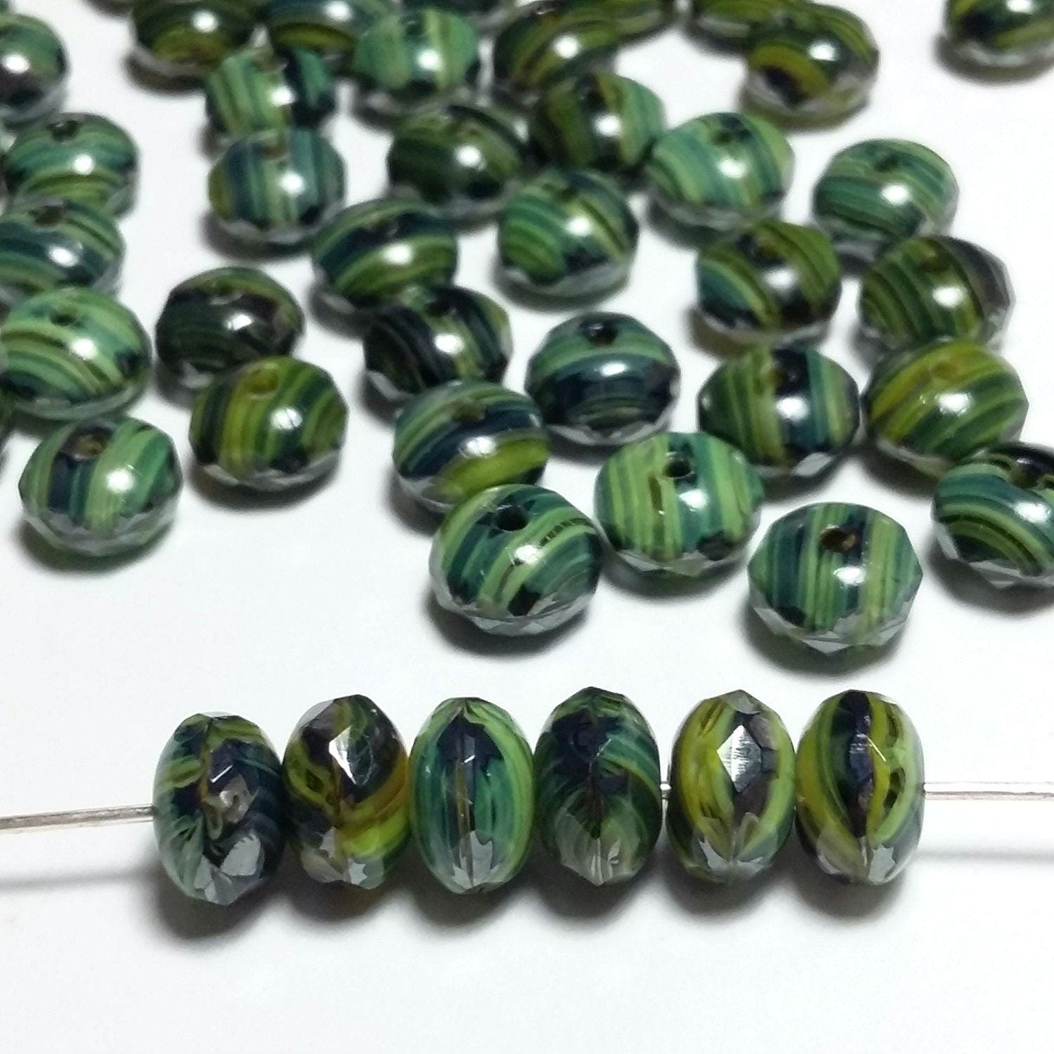 Green Striped Czech Glass Faceted Rondelle 7x4mm - 10pcs
