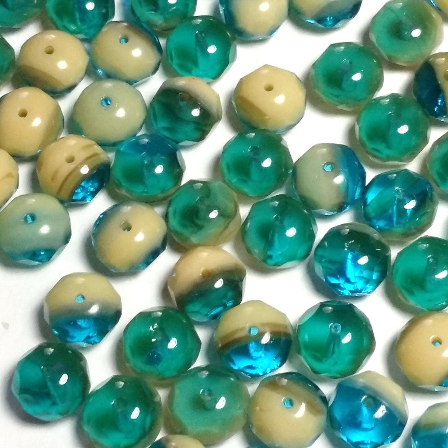 Turquoise & Beige Czech Glass Rondelle 8x6mm - 10pcs