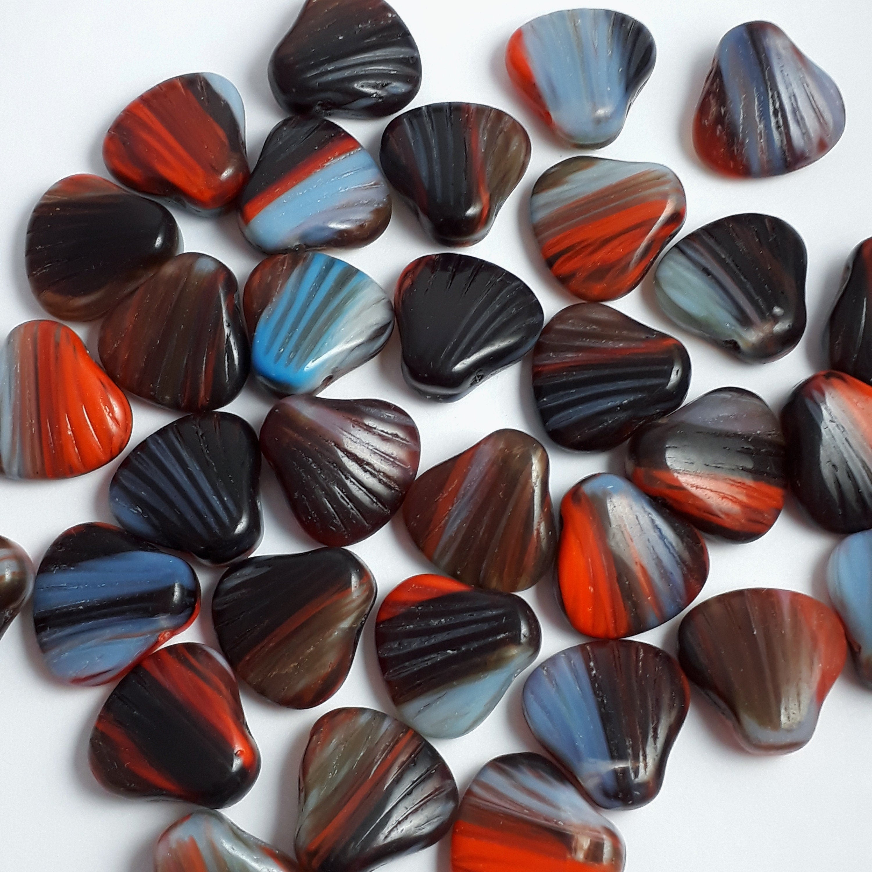 Orange, Blue & Black Czech Glass Shell 15mm - 6pcs