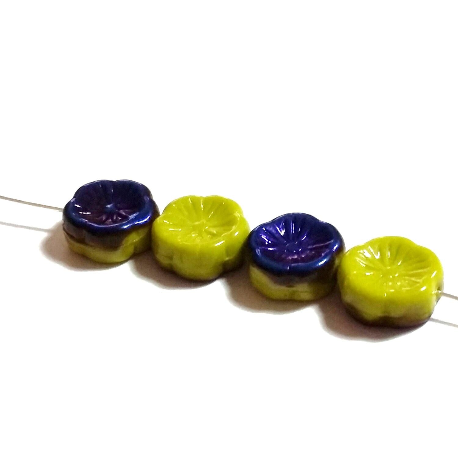 Green & Metallic Blue Hawaiian Flower Czech Glass 12mm - 6pcs