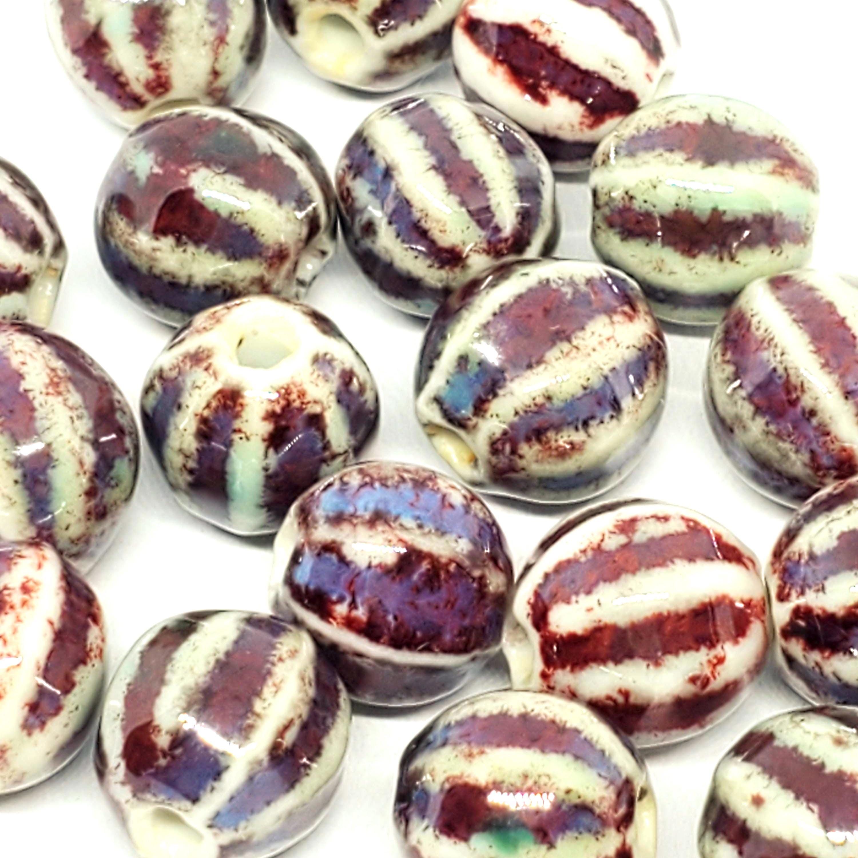 Ceramic Round Fluted White/Red Multicolour 10mm - 10pcs