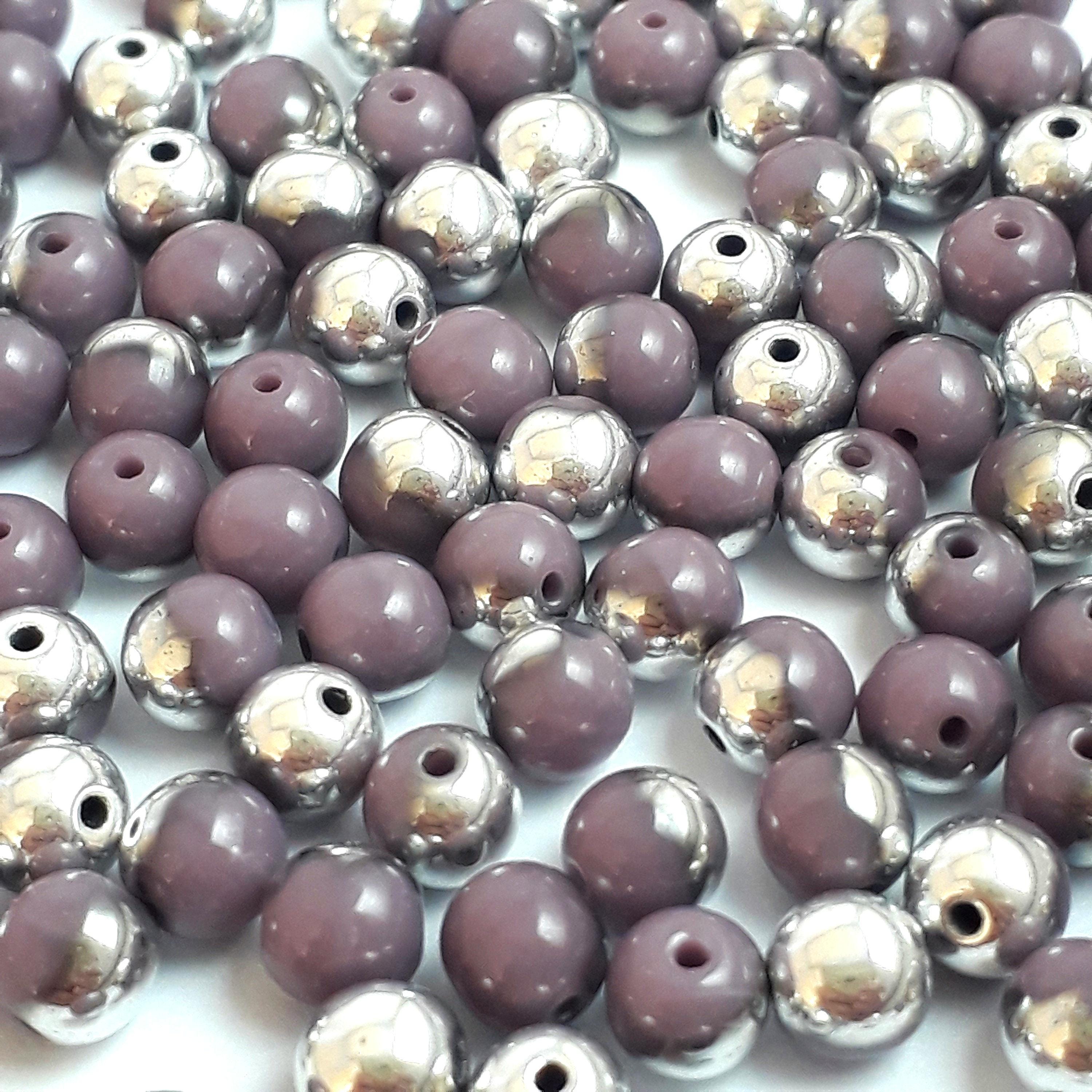Purple & Silver Czech Glass Round 4mm - 60pcs