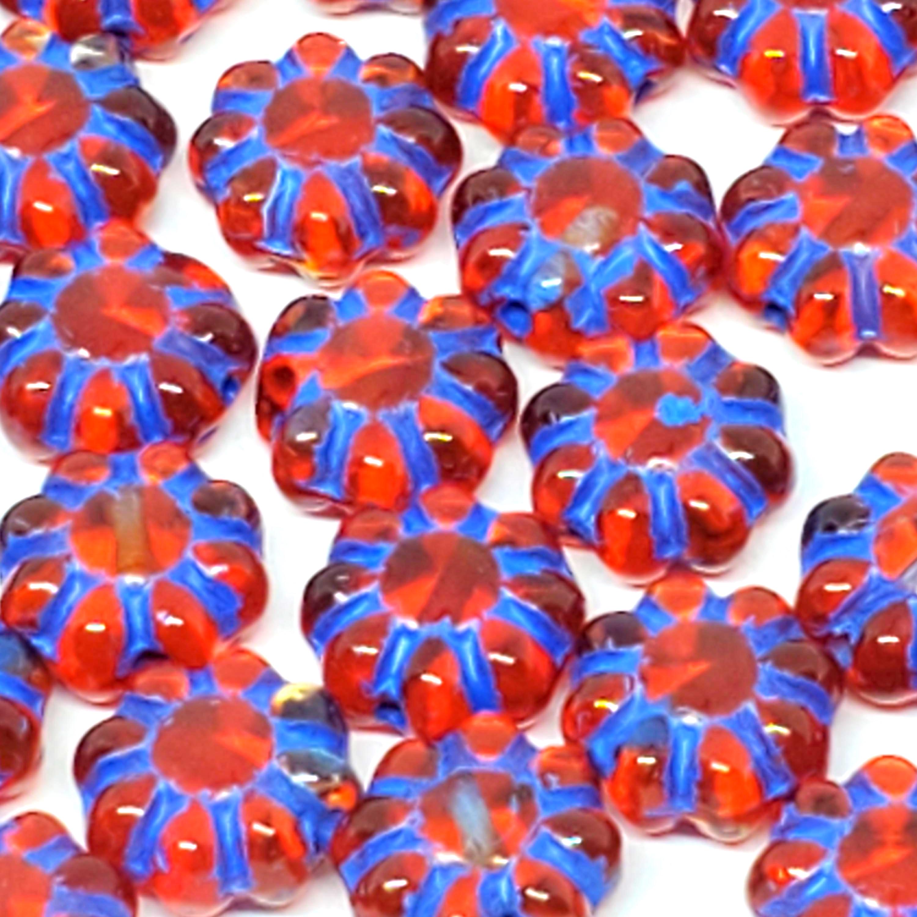 Red & Blue Lined Czech Glass Hawaiian Flower 9mm - 10pcs