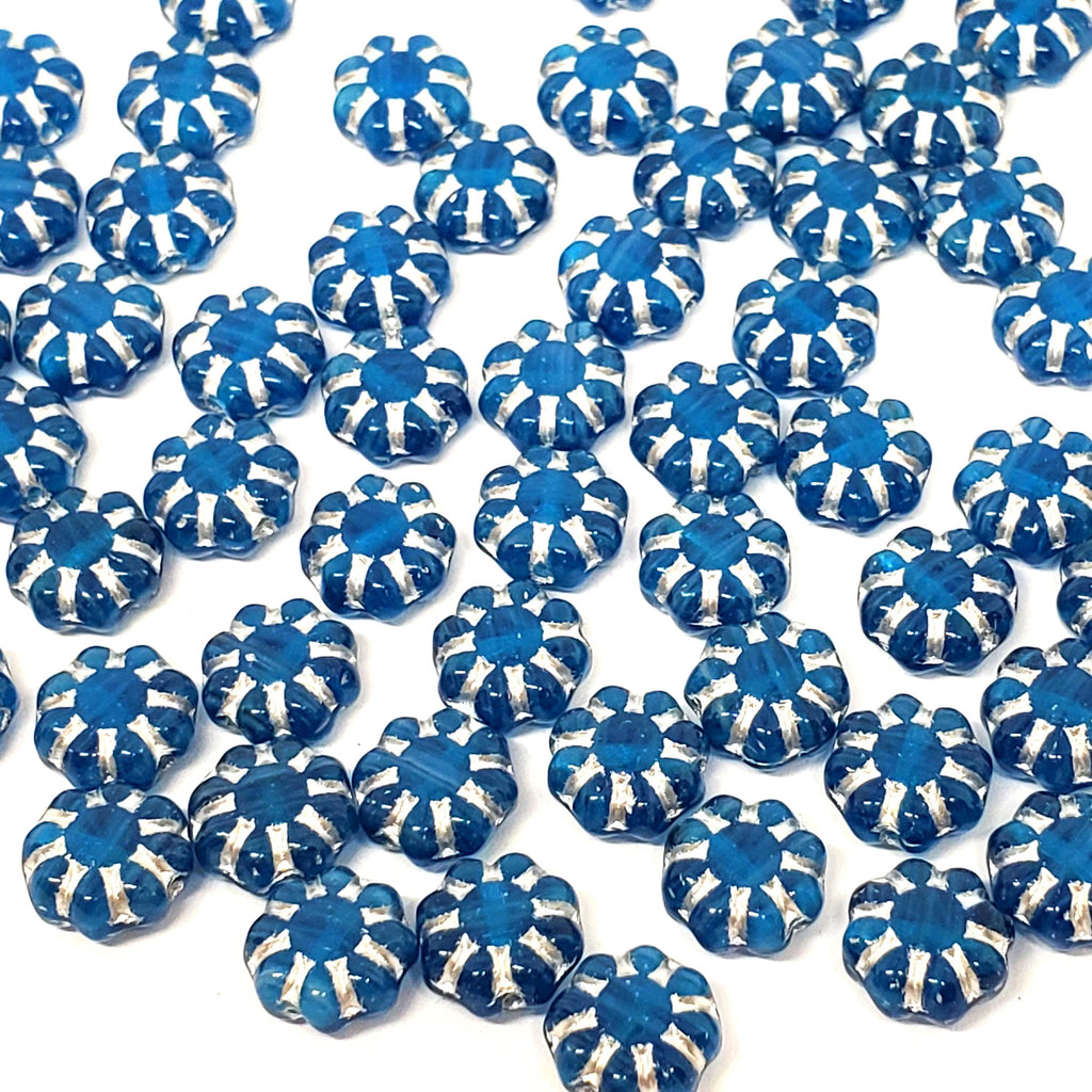 Blue & Silver Lined Czech Glass Hawaiian Flower 9mm - 10pcs