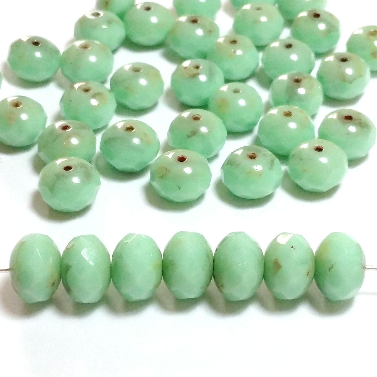 Mint Green Picasso Czech Glass Faceted Rondelle 9x6mm - 6pcs