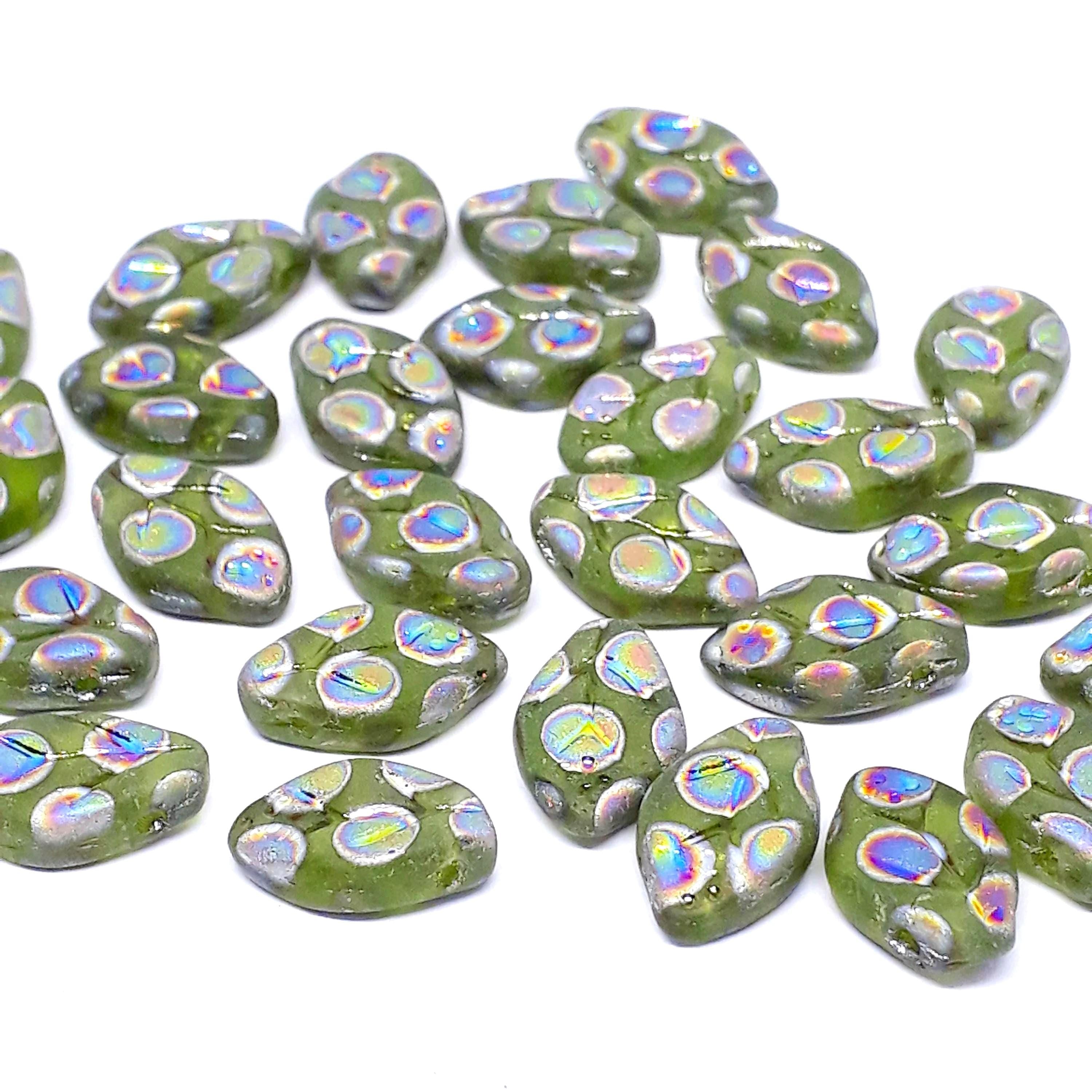 Matte Green Peacock Czech Glass Leaf 12x7mm - 20pcs