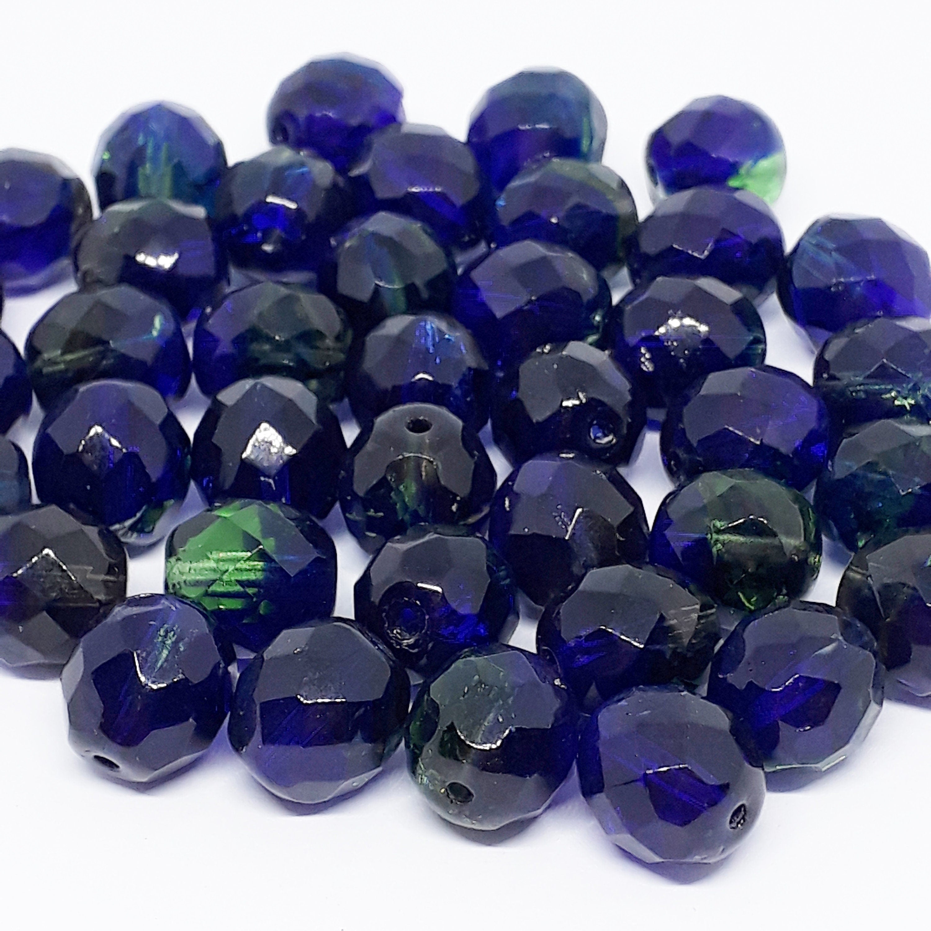 Dark Blue & Green Faceted Czech Glass Round 10x9mm - 10pcs