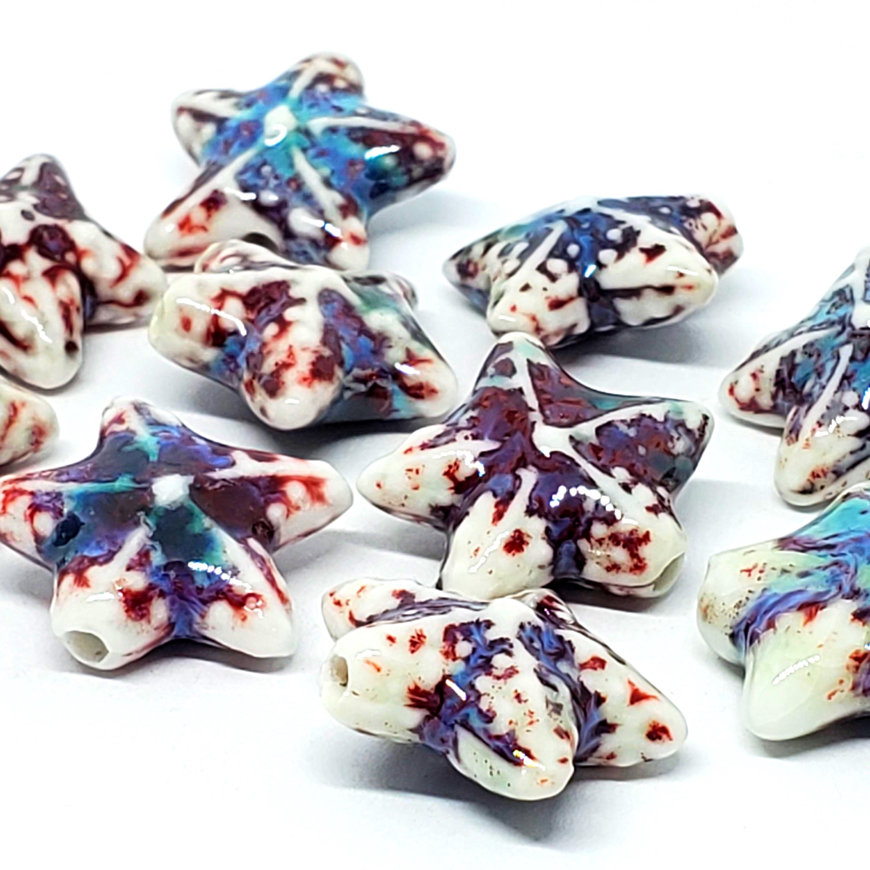 Starfish Glazed Ceramic White Multicolour 22mm - 2pcs