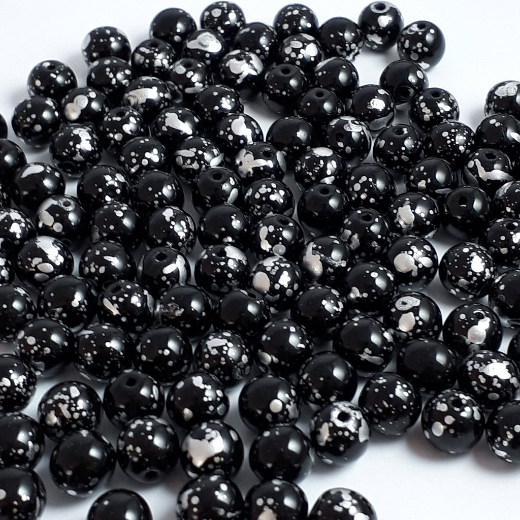 Opaque Black & Mottled Silver Czech Glass Round 6mm - 30pcs