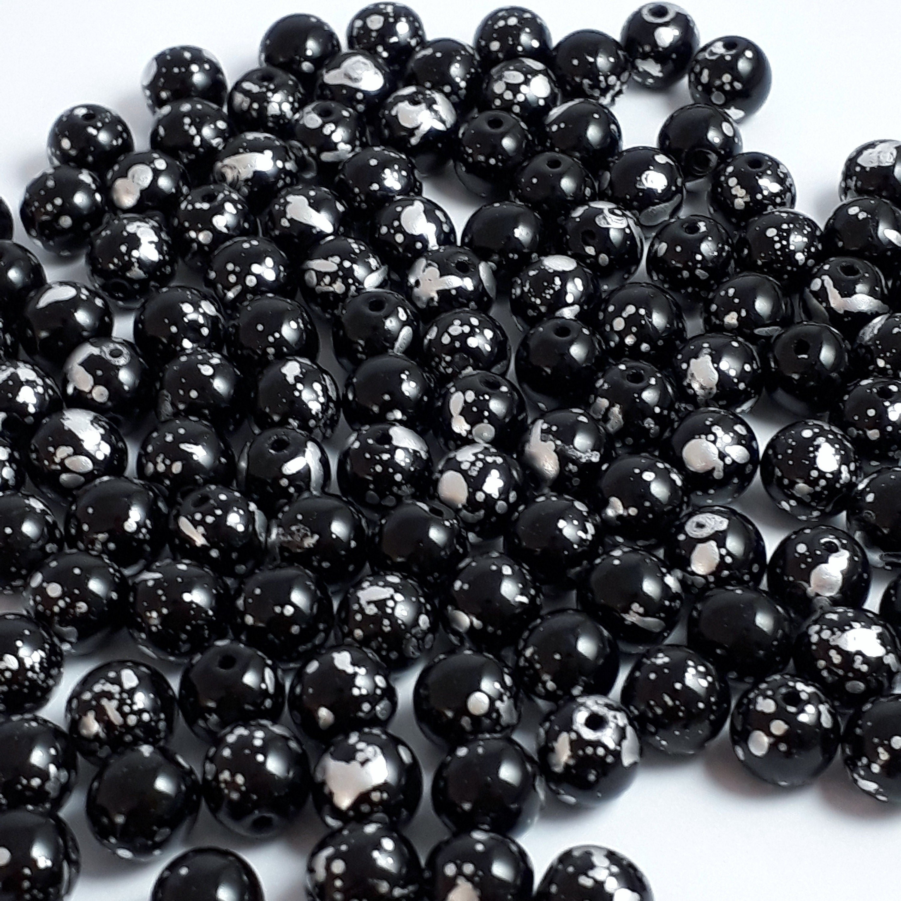 Opaque Black & Mottled Silver Czech Glass Round 6mm - 30pcs