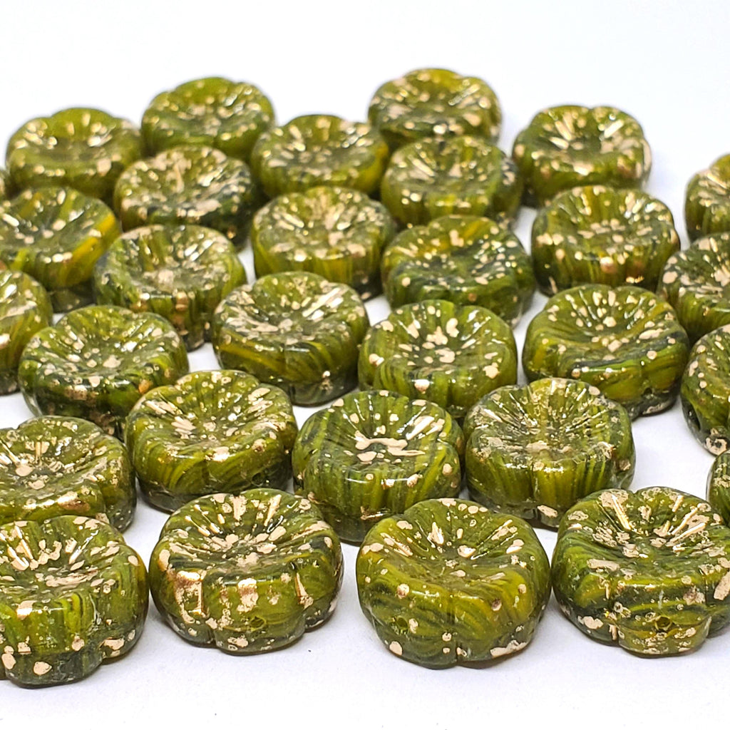 Striped Green & Gold Leaf Hawaiian Flower Czech Glass 14mm - 6pcs