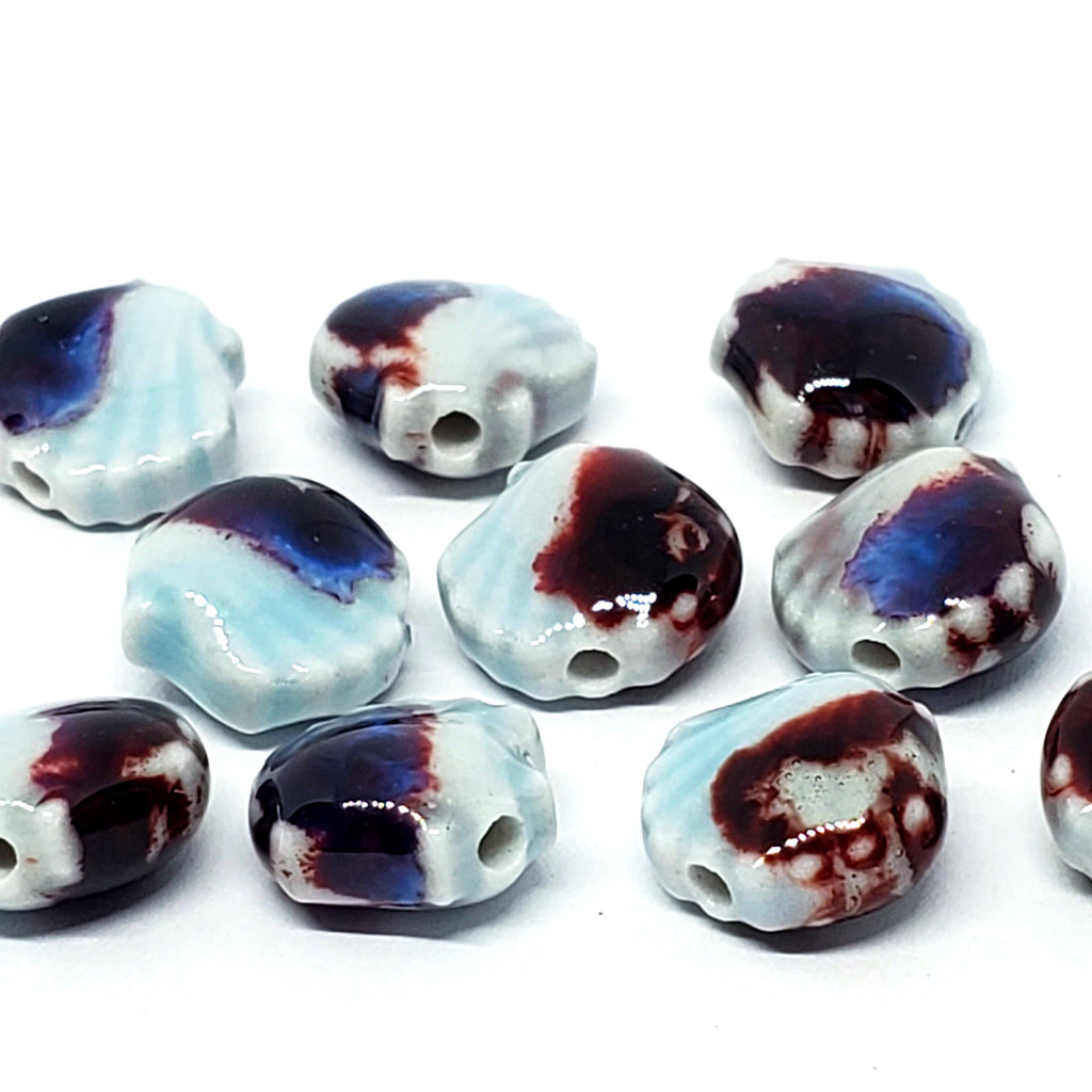 Scallop Shell Glazed Ceramic Light Blue Multicolour 12x11mm - 2pcs