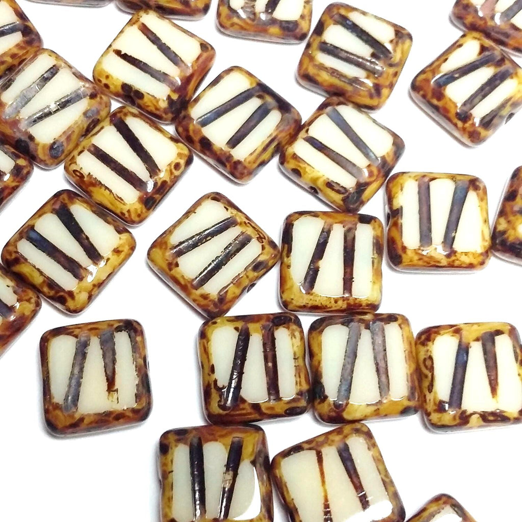 Table Cut Square Beige & Brown Czech Glass 10mm - 6pcs