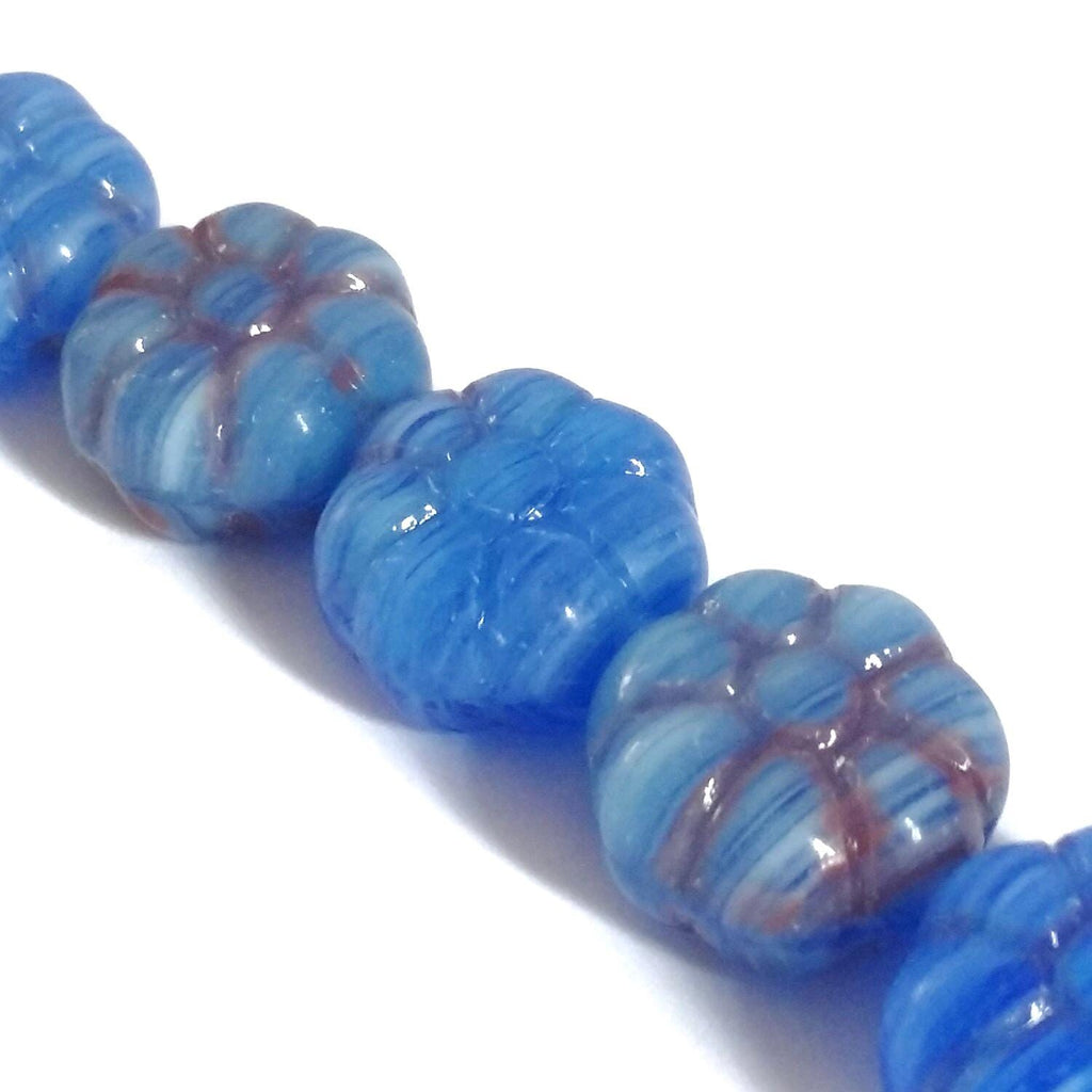 Blue & Red Hawaiian Flower Czech Glass 12mm - 10pcs