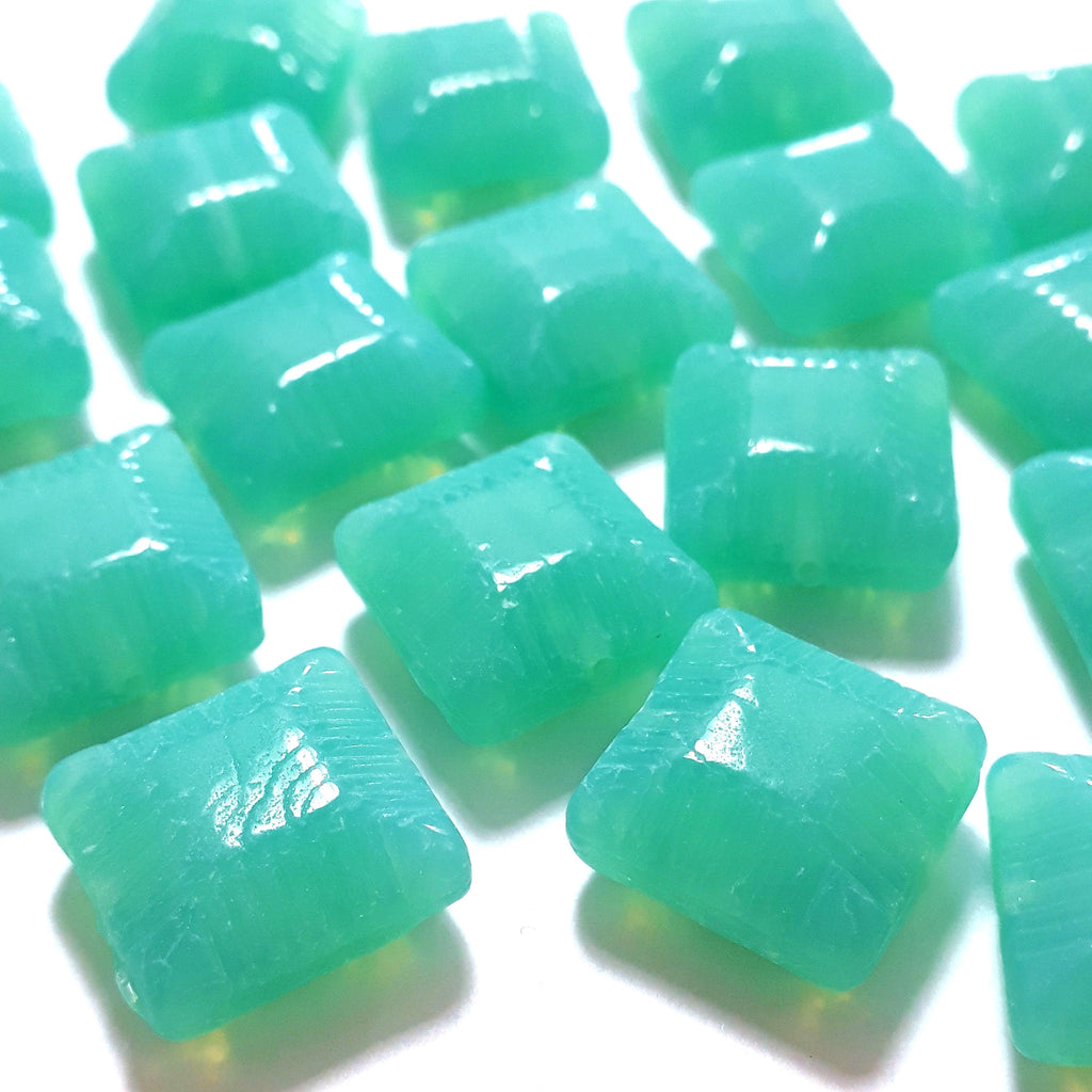 Turquoise Puffed Square Czech Glass 14mm - 6pcs