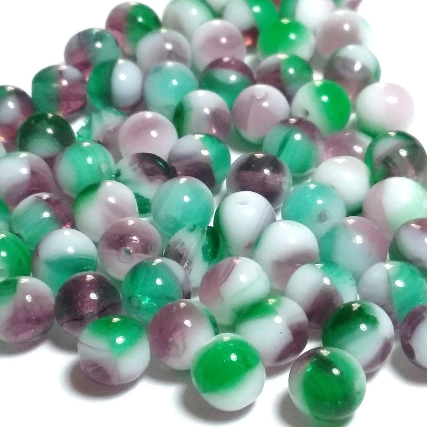 Purple, Green & White Czech Glass 6mm - 30pcs