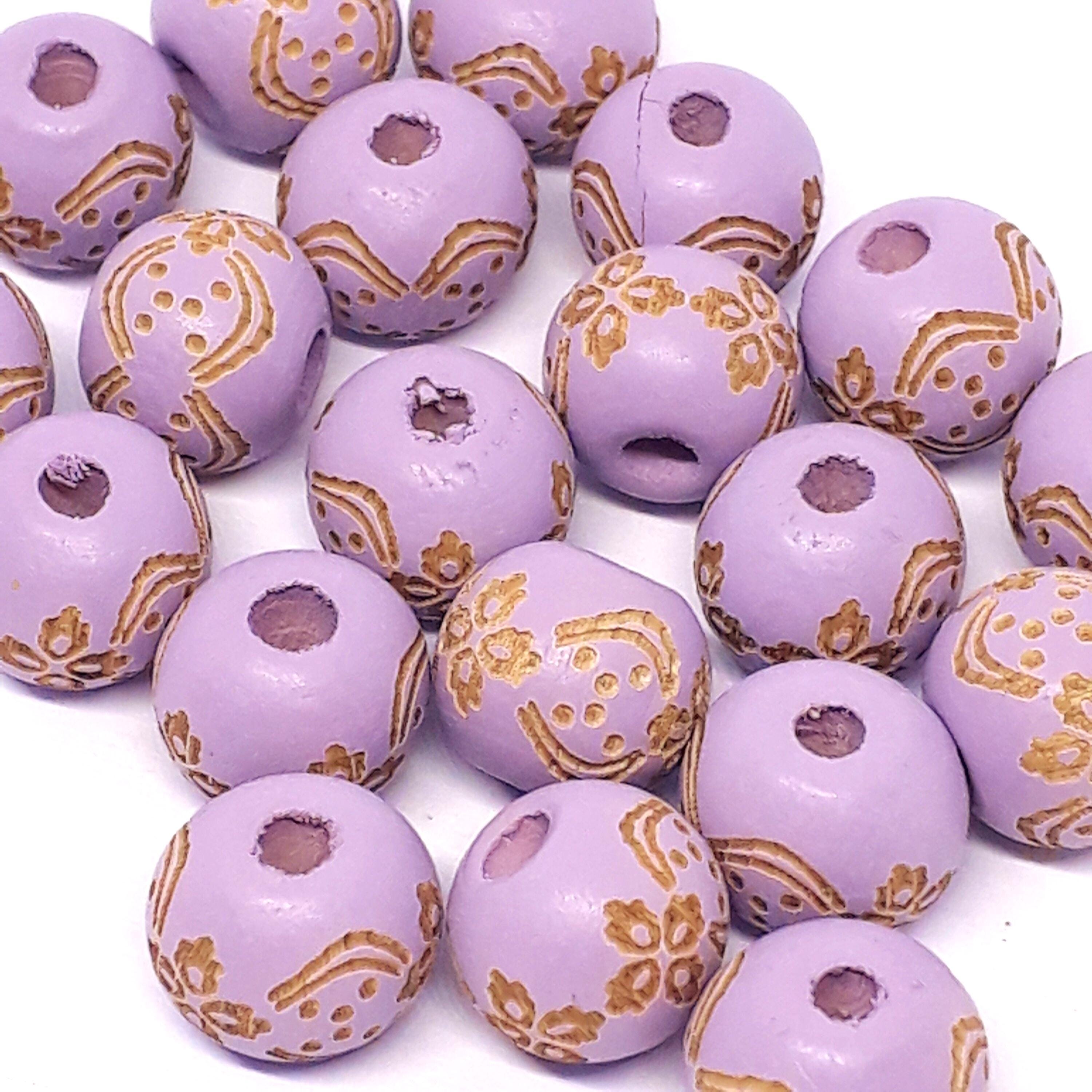 Purple Carved Floral Wooden Round 10x9mm - 5pcs