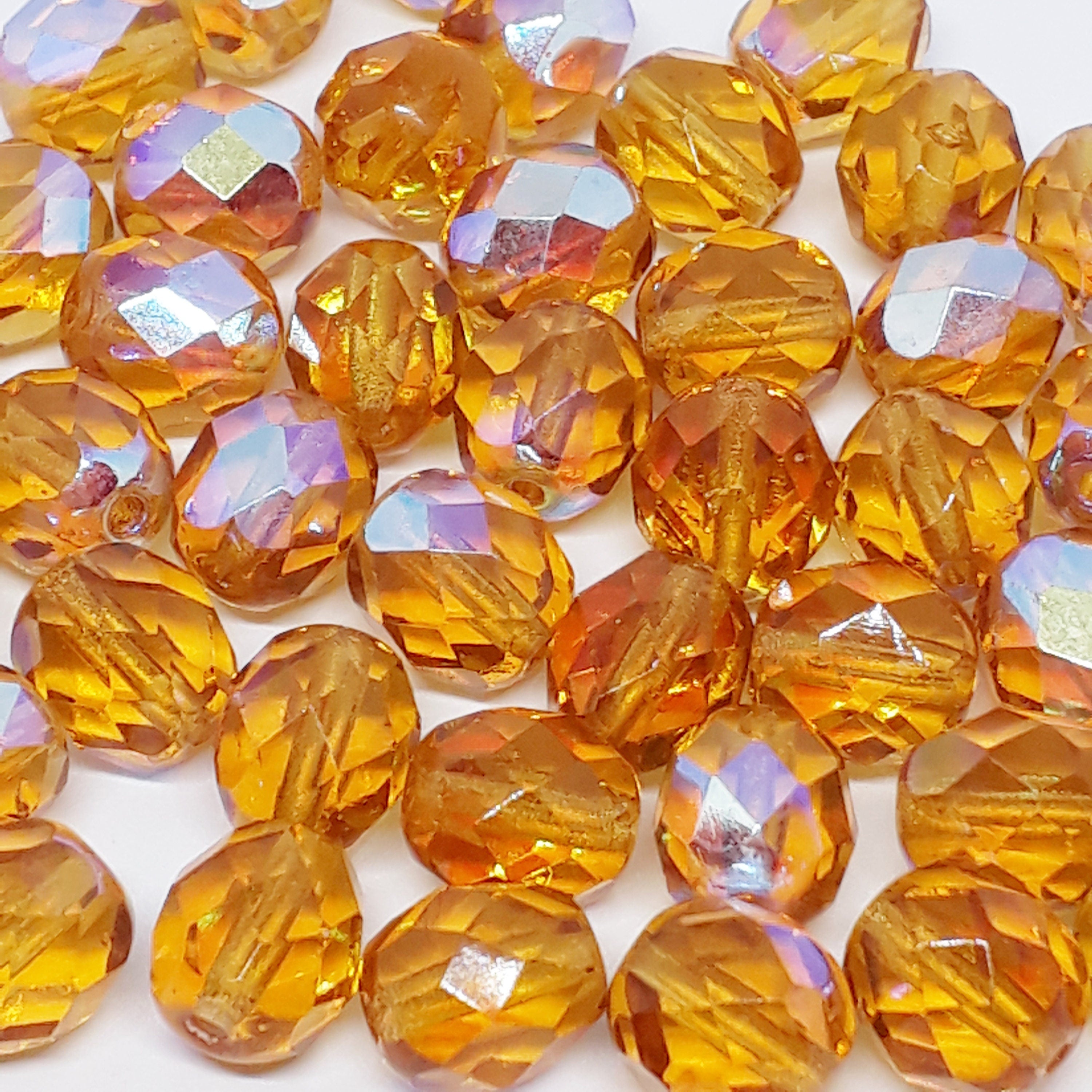 Amber & Metallic AB Faceted Czech Glass Round 8x7mm - 10pcs