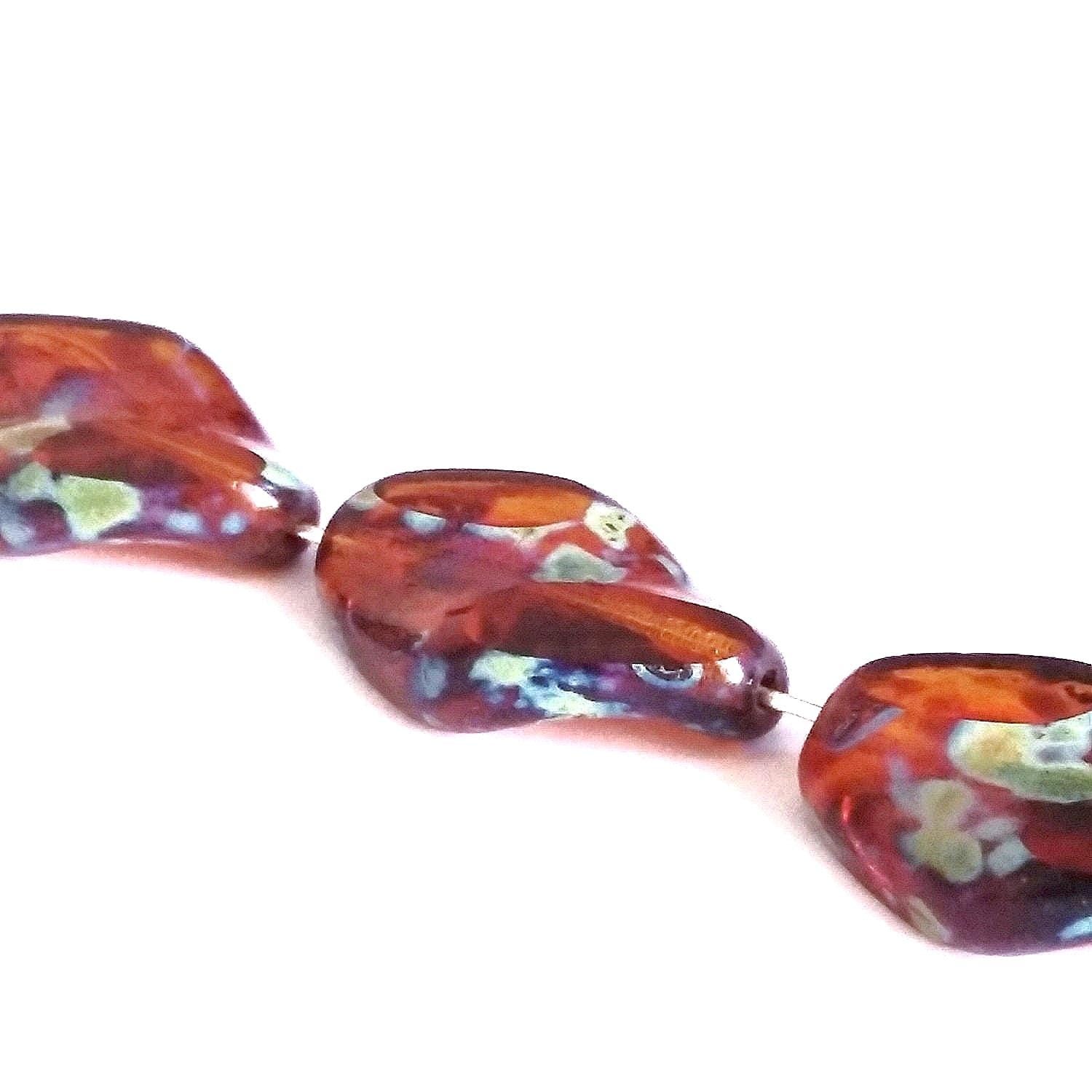 Wavy Leaf Brown Picasso Czech Glass 19x13mm - 6pcs