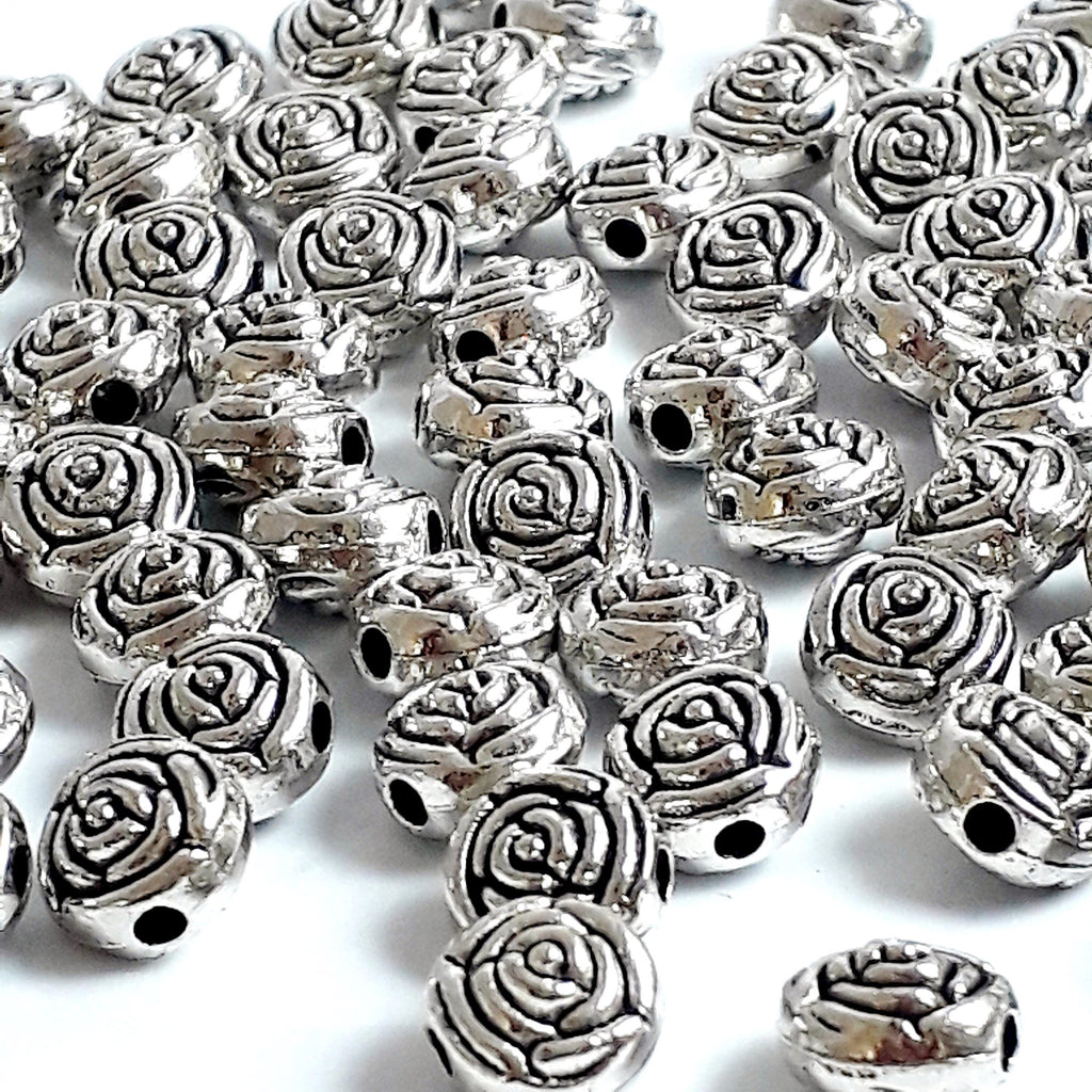 Round Rose Flower Antique Silver 7mm - 20pcs