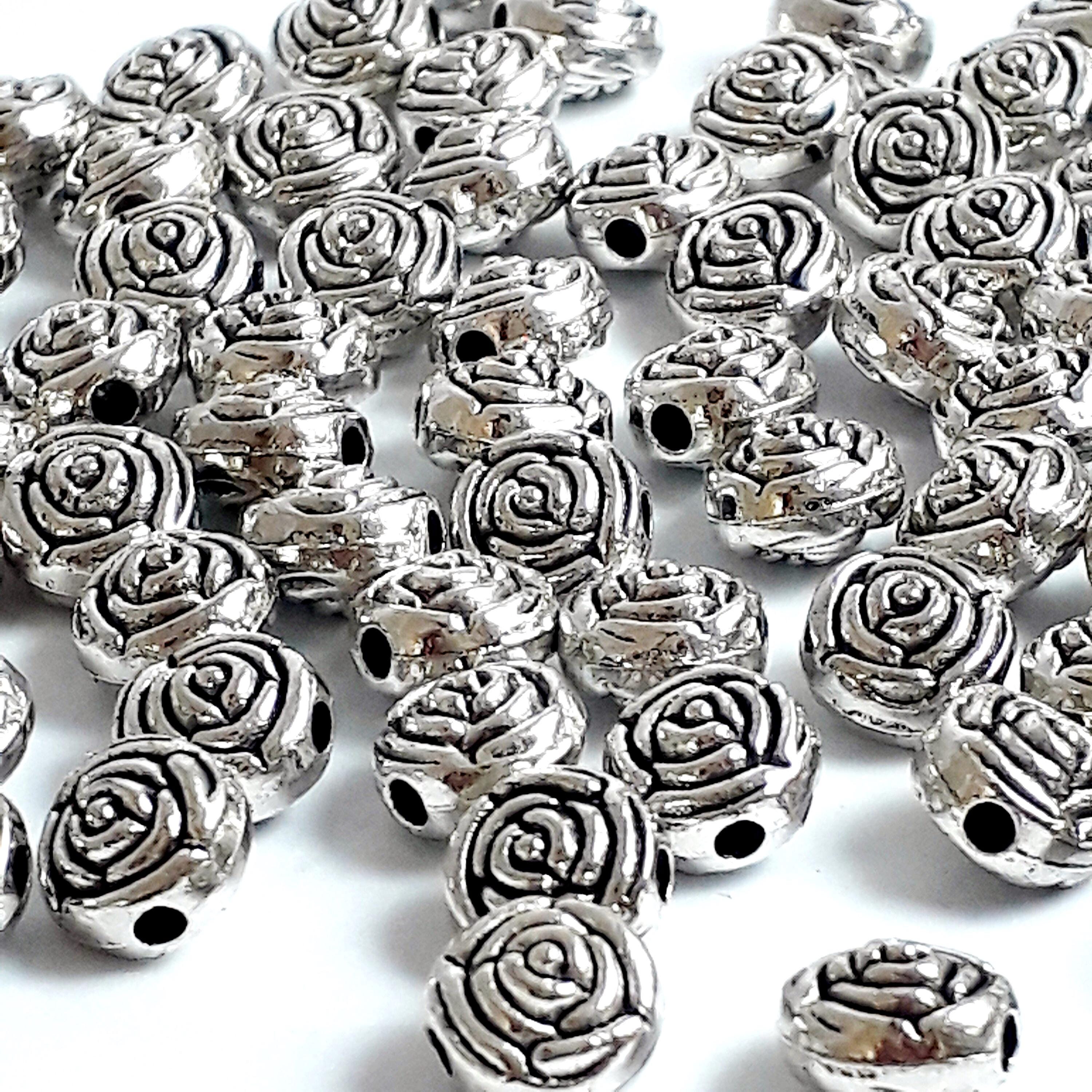 Round Rose Flower Antique Silver 7mm - 20pcs