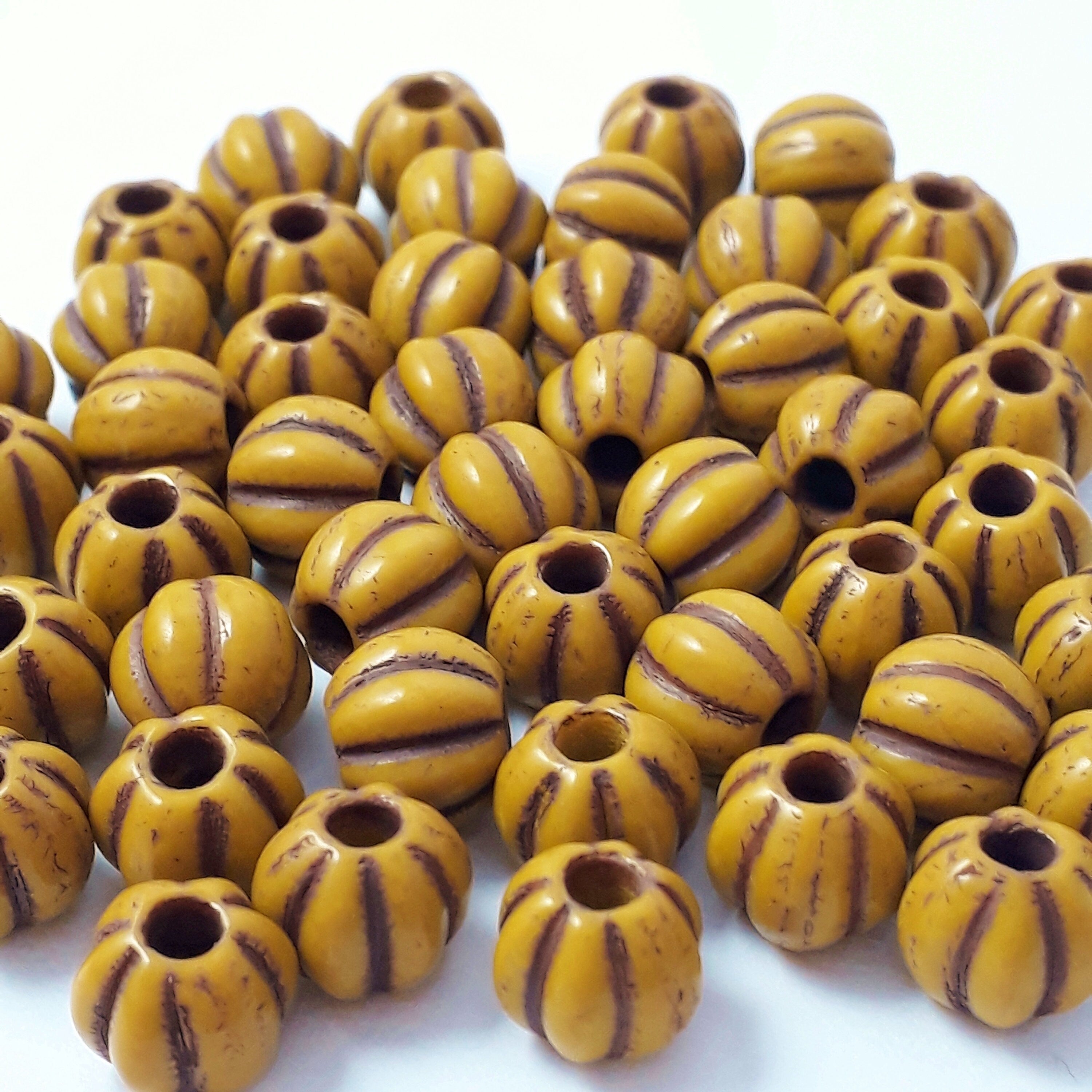 Caramel & Brown Striped Round Fluted Czech Glass 8x7mm - 20pcs