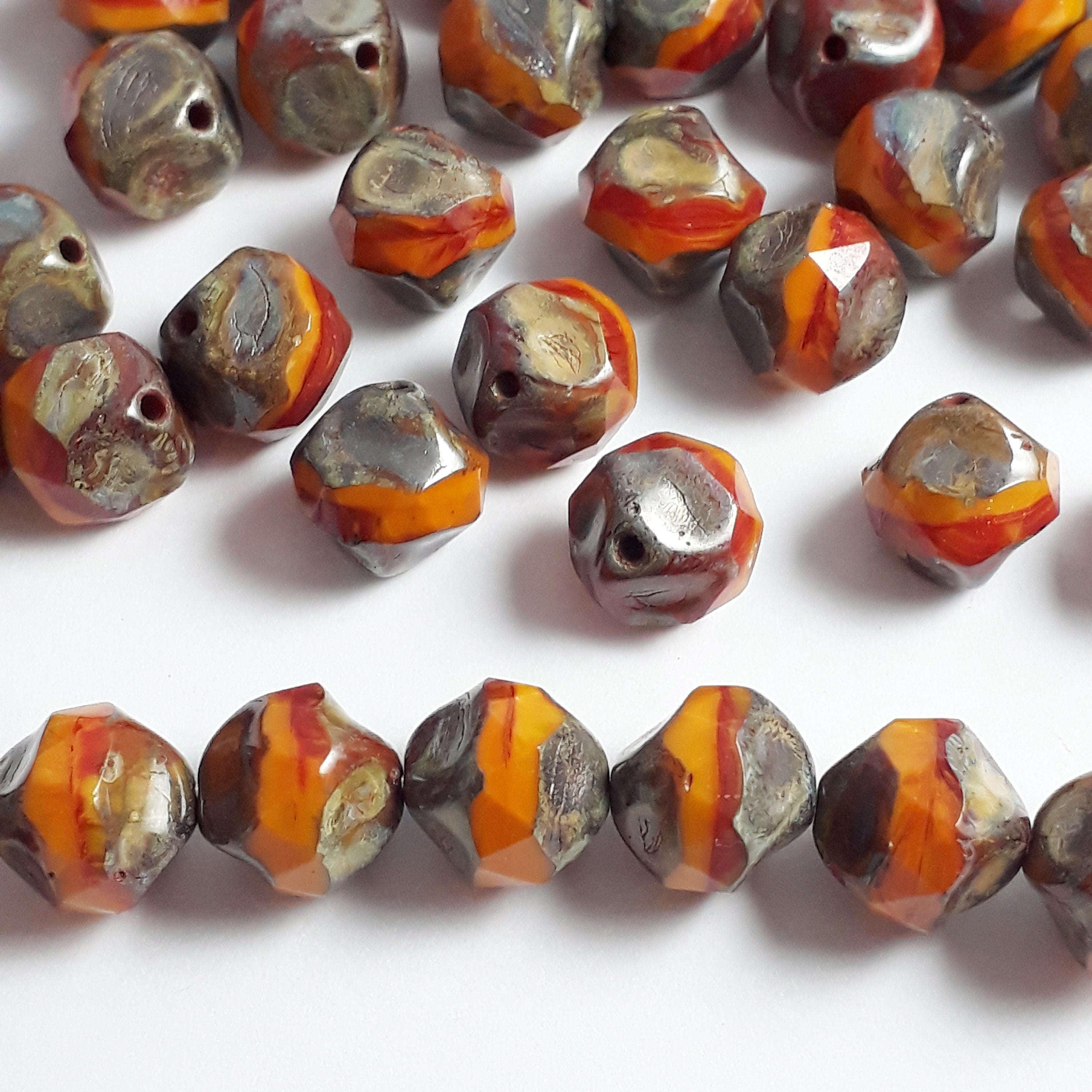 Orange Picasso Faceted Bicone Czech Glass 9x8mm - 6pcs