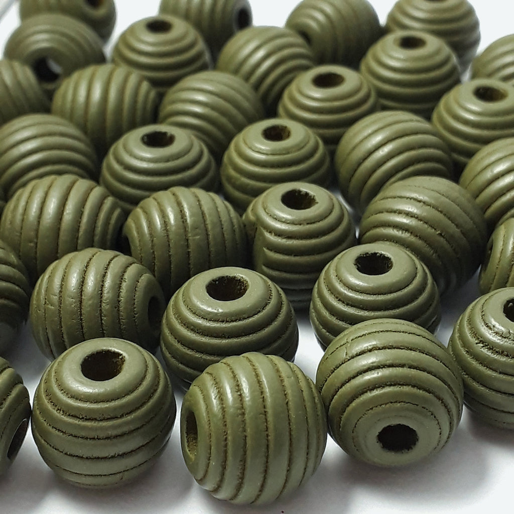 Khaki Green Wood Fluted Oval 12x11mm - 10pcs