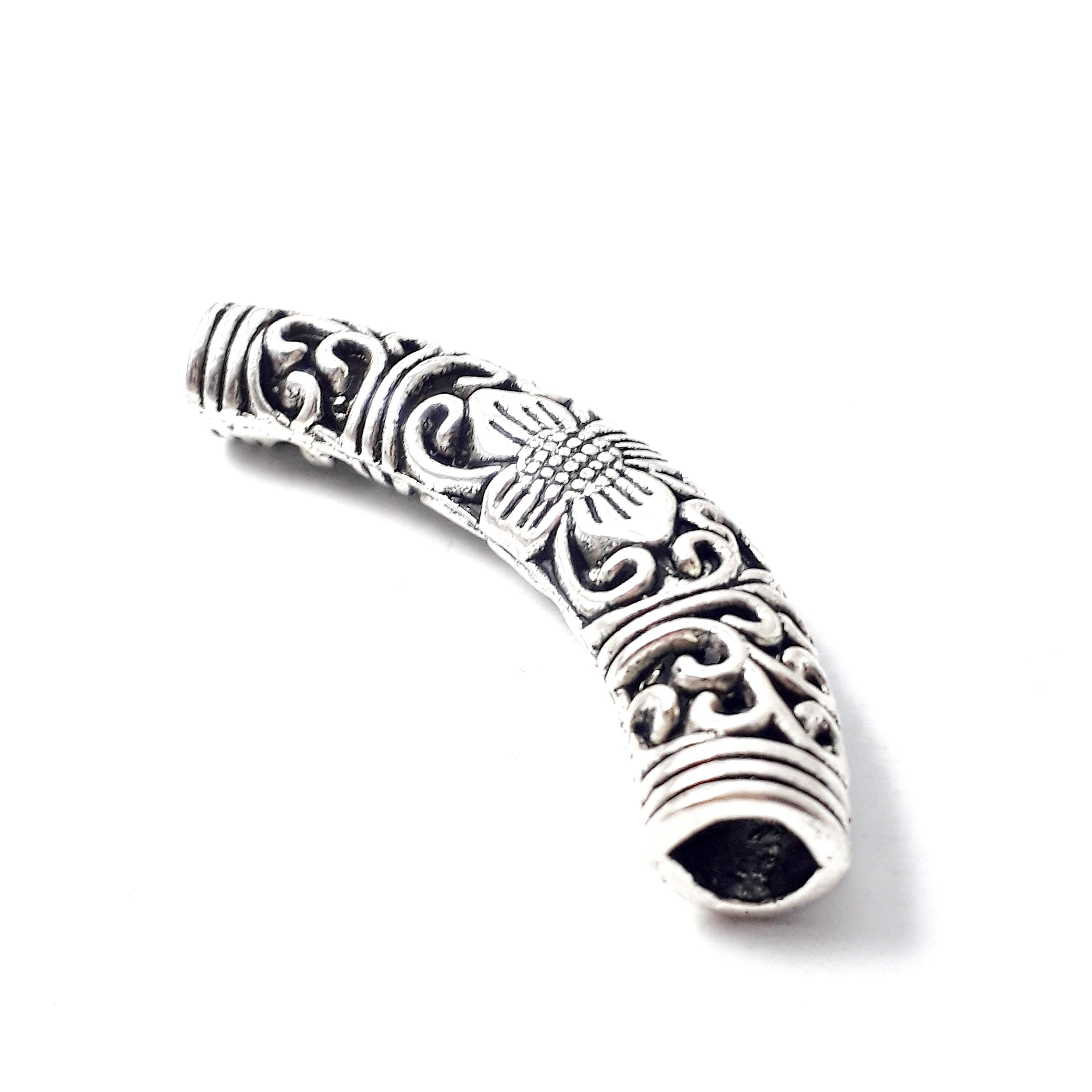 Curved Filigree Flower Tube Antique Silver 55x16mm - 1pc