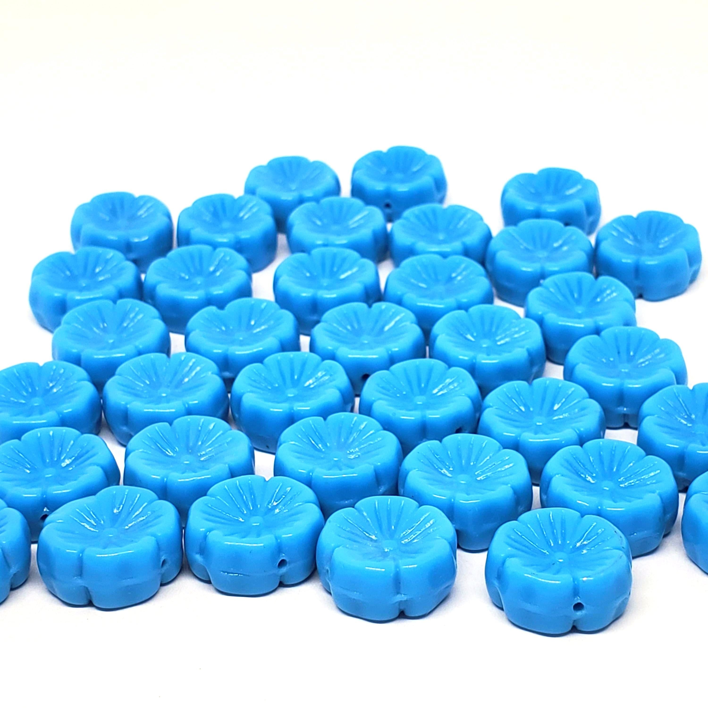 Blue Pressed Glass Hawaiian Flower Czech Glass 14mm - 6pcs