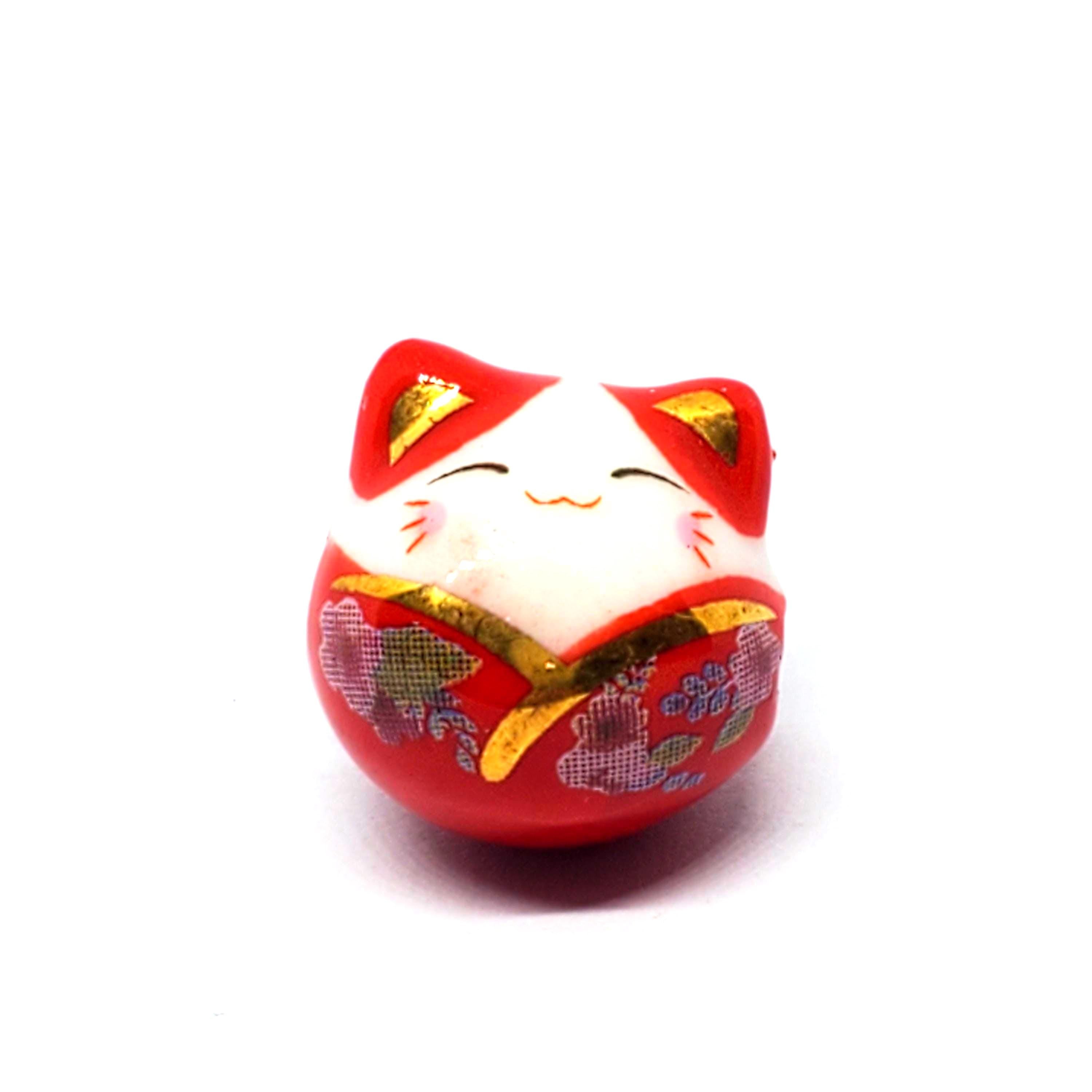 Chinese Cat Ceramic Red & White 15x14mm - 1pc